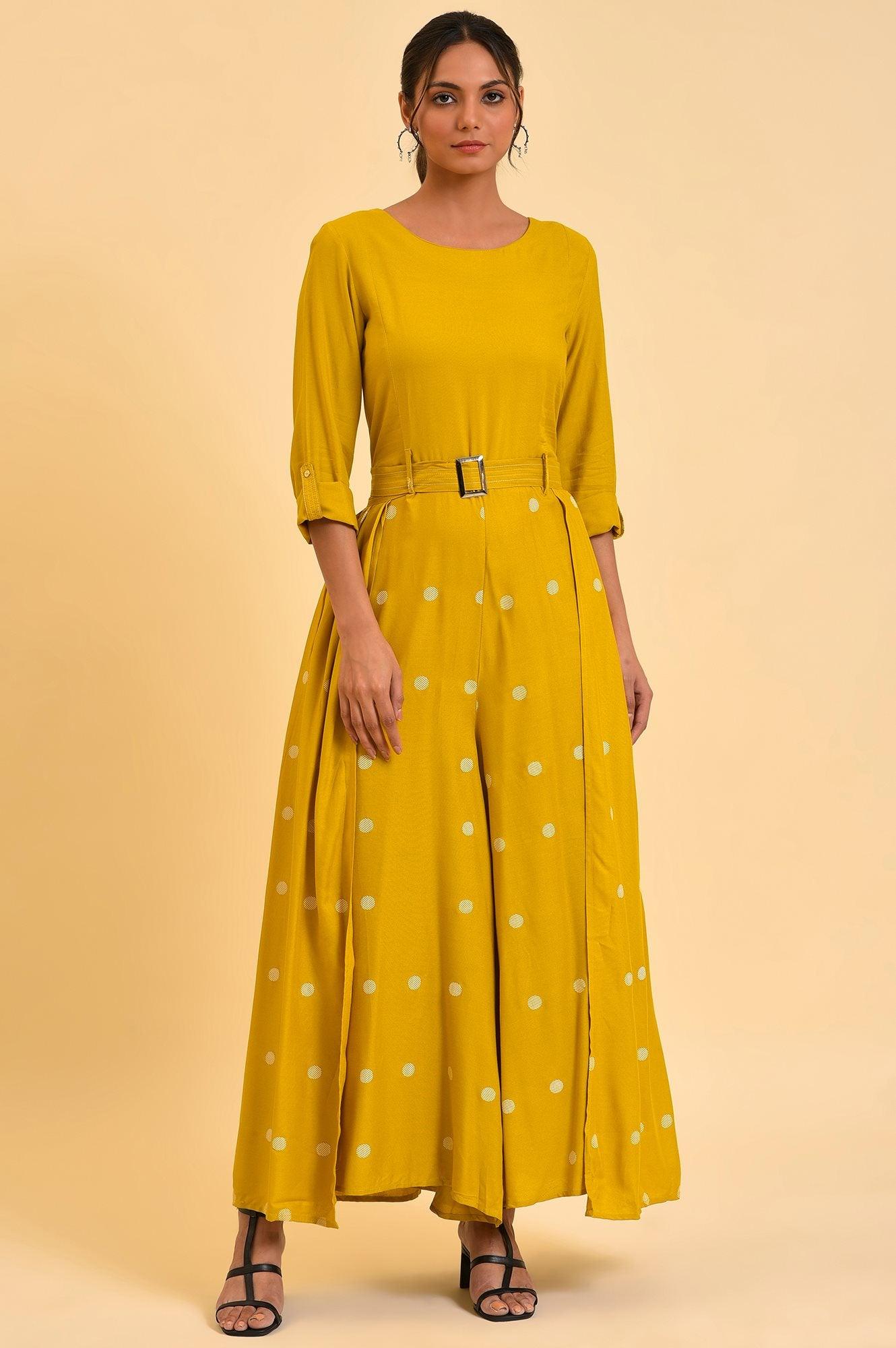 W for Woman Yellow Polka Dot Jumpsuit with Belt  Grab2Buy WforWoman Grab2Buy