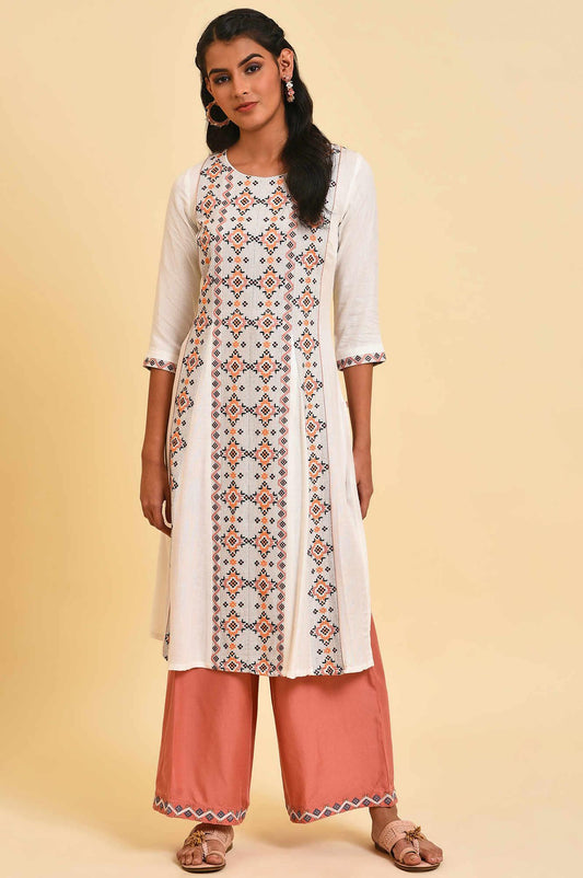 W for Woman Ecru Geometric Print Round Neck Summer kurta