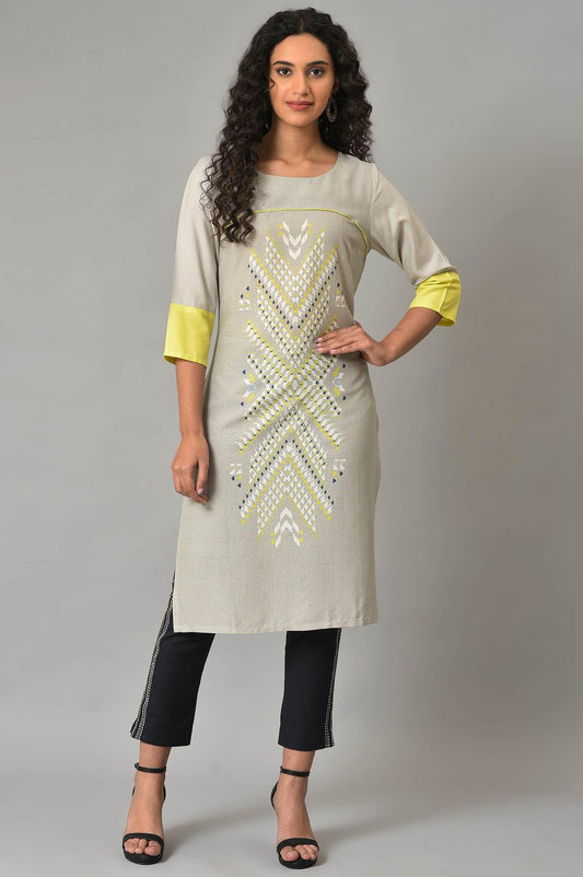 W for Woman Grey Placement Print Plus Size Straight kurta