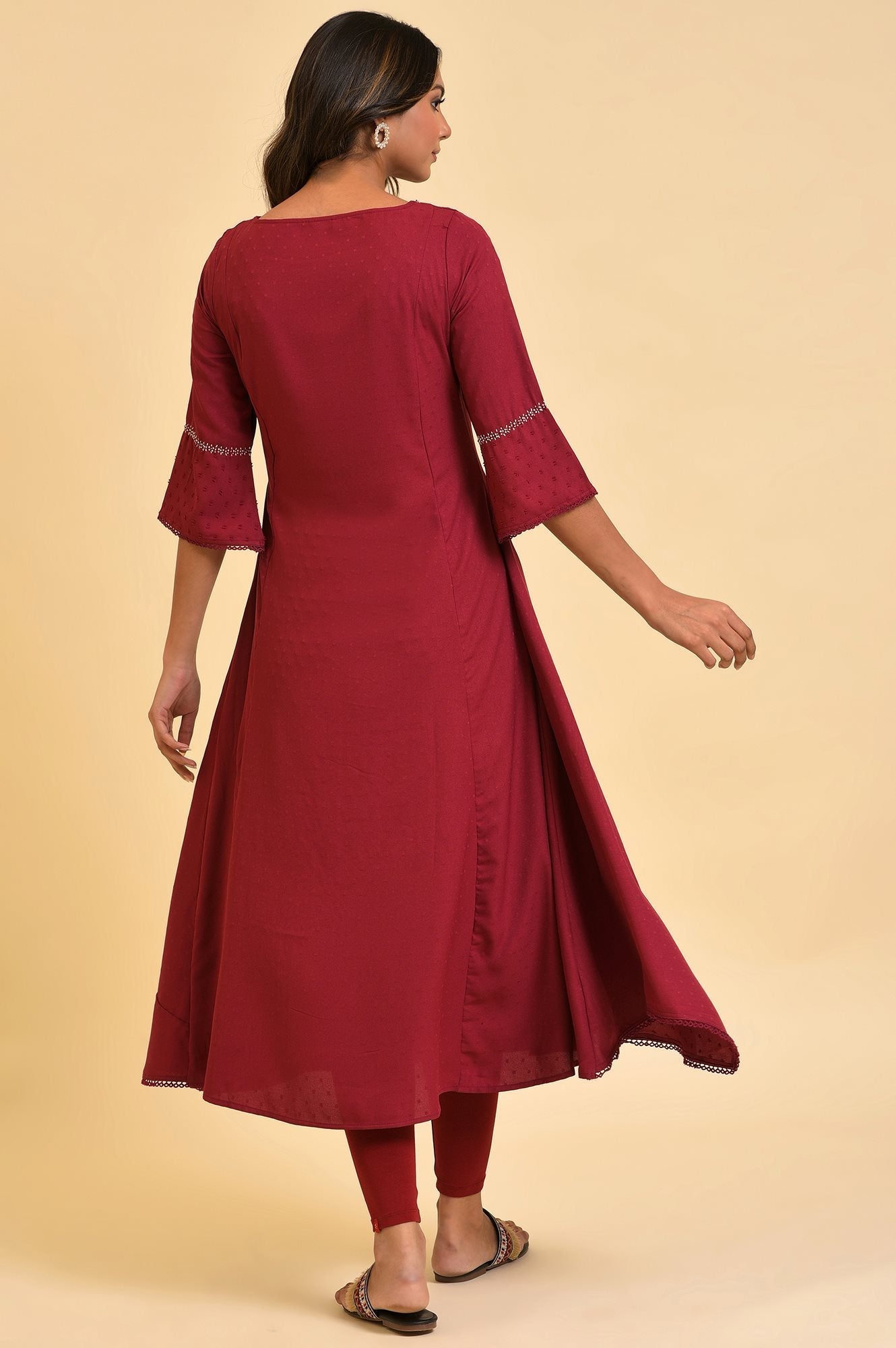 W for Woman Maroon Mock Layered kurta In Moss Buti