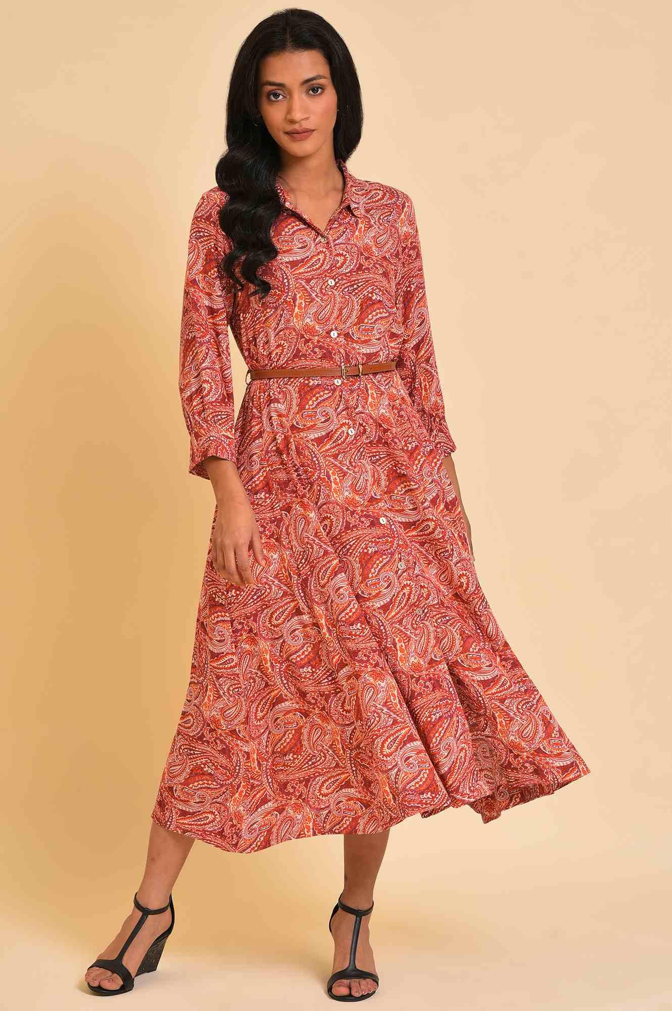 W for Woman Red Paisley Print Long Shirt Dress