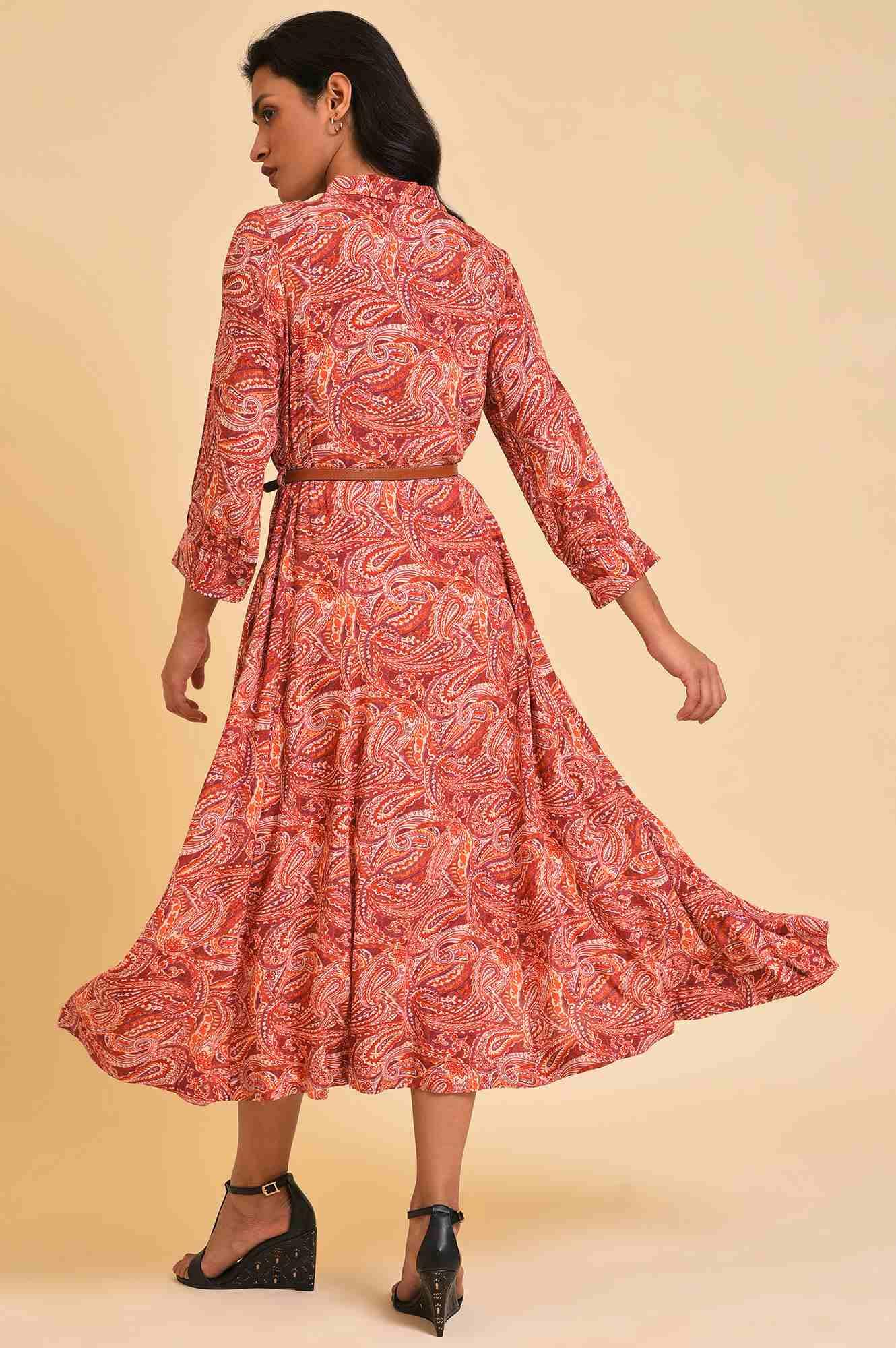 W for Woman Red Paisley Print Long Shirt Dress