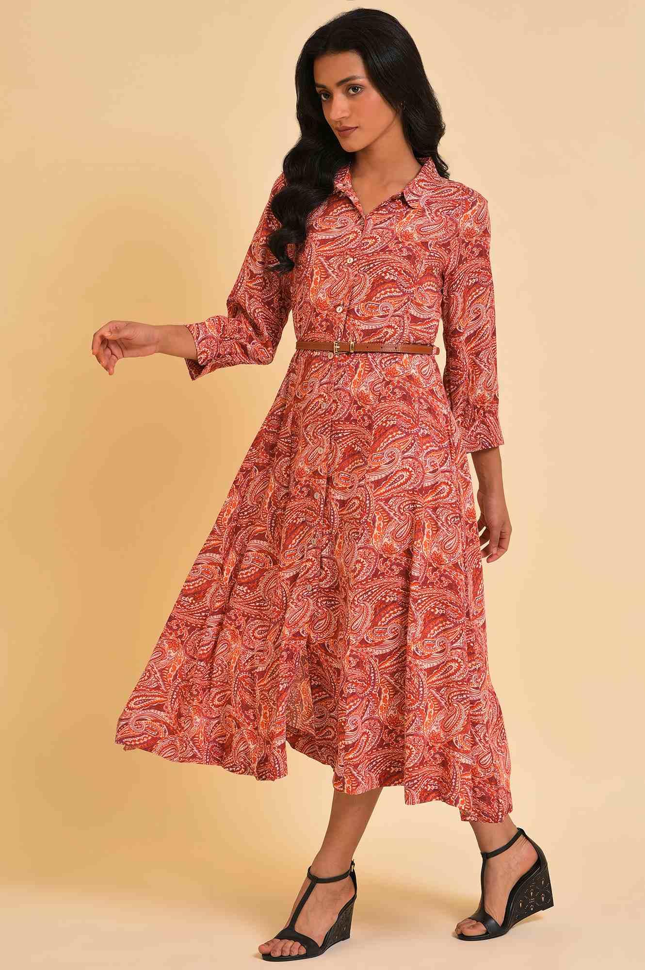 W for Woman Red Paisley Print Long Shirt Dress