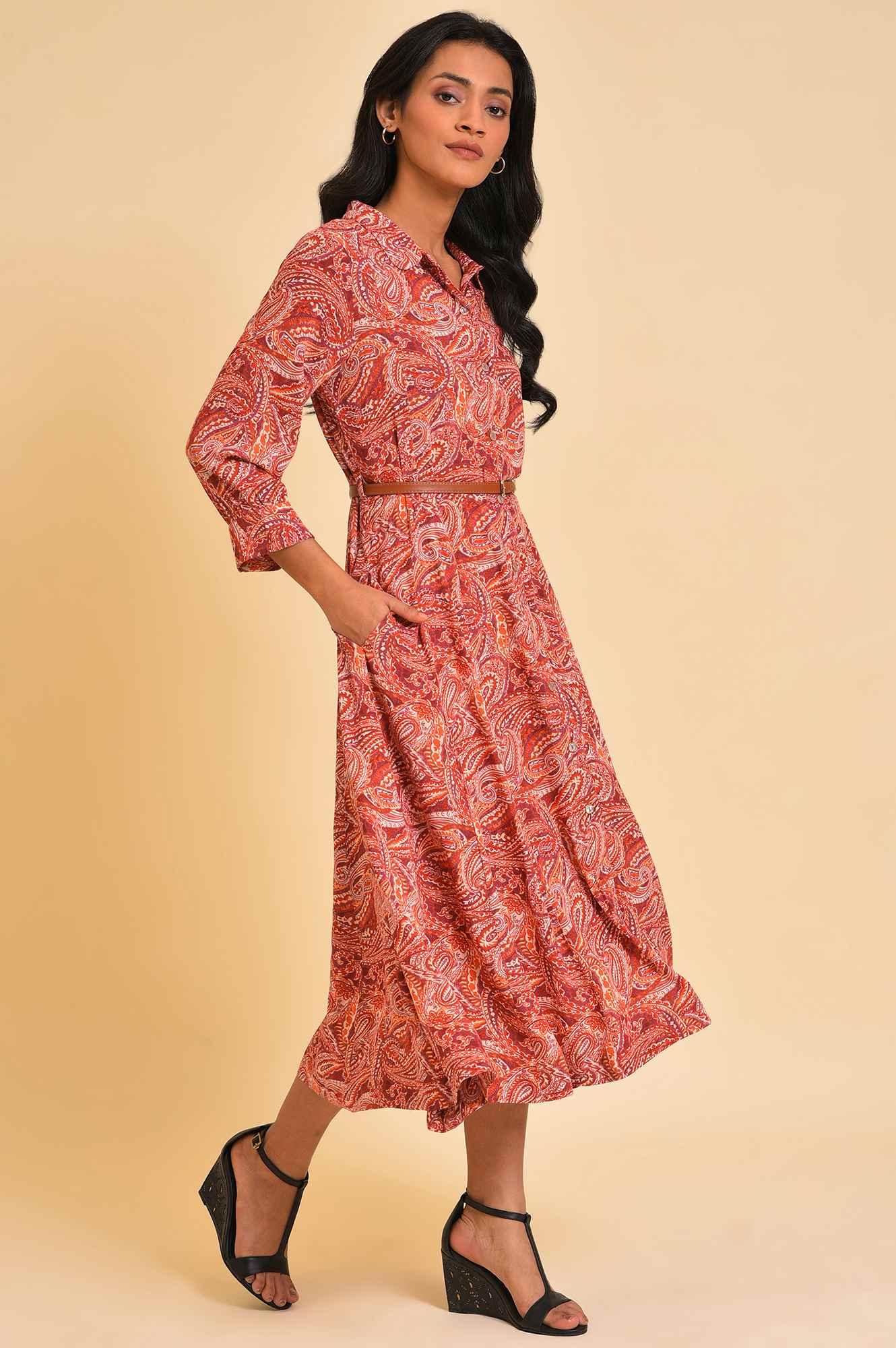 W for Woman Red Paisley Print Long Shirt Dress