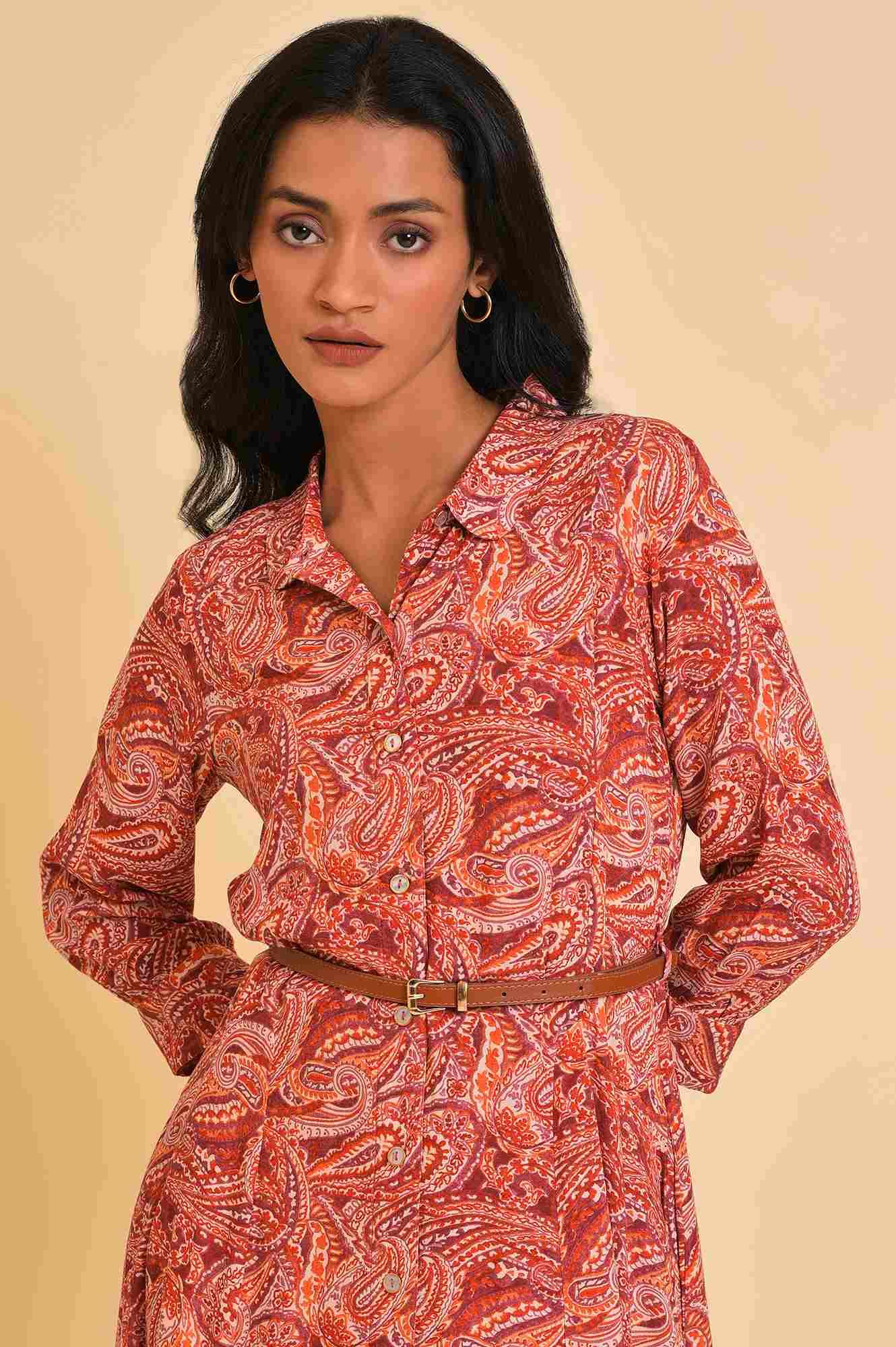 W for Woman Red Paisley Print Long Shirt Dress