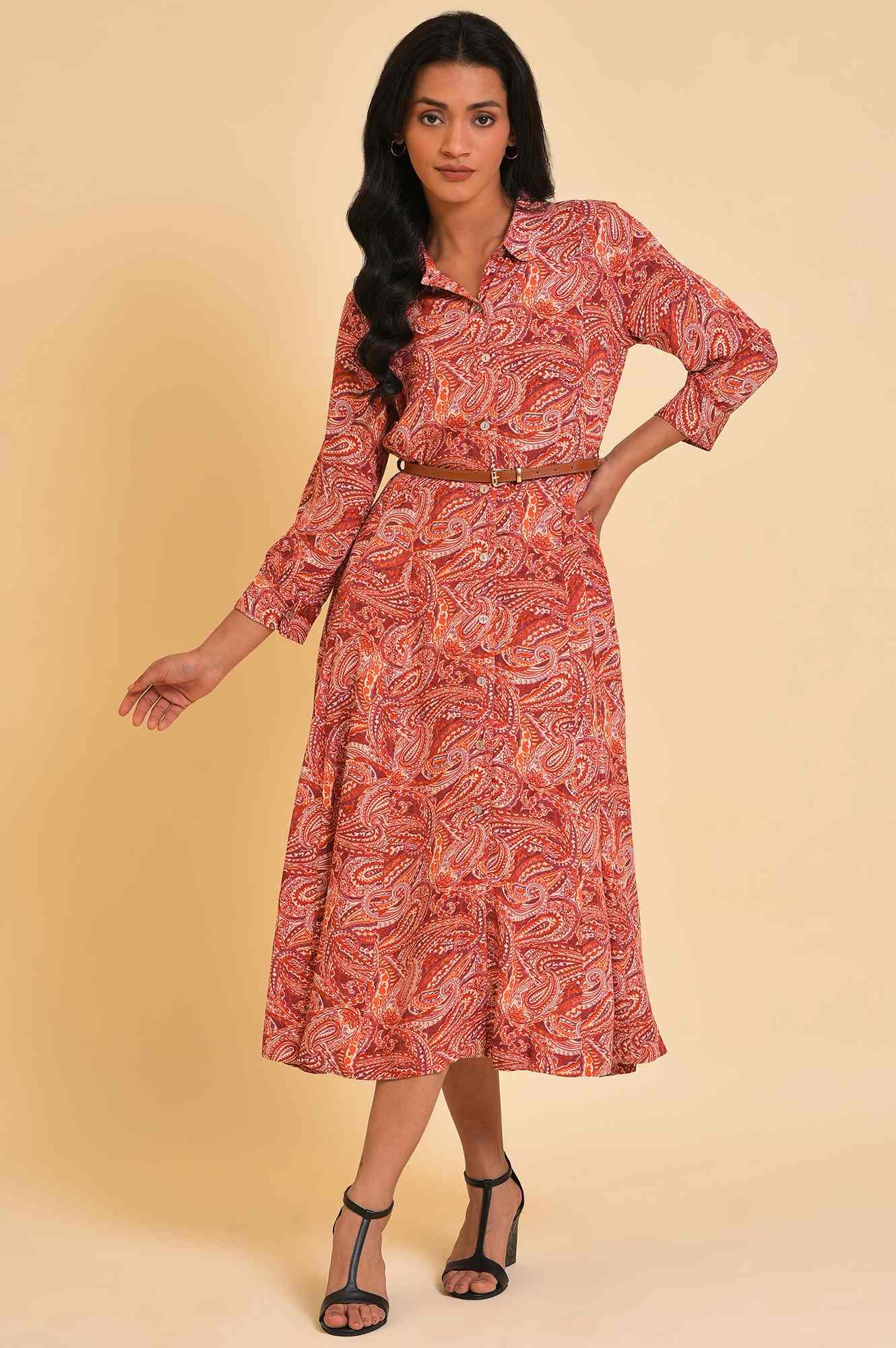 W for Woman Red Paisley Print Long Shirt Dress