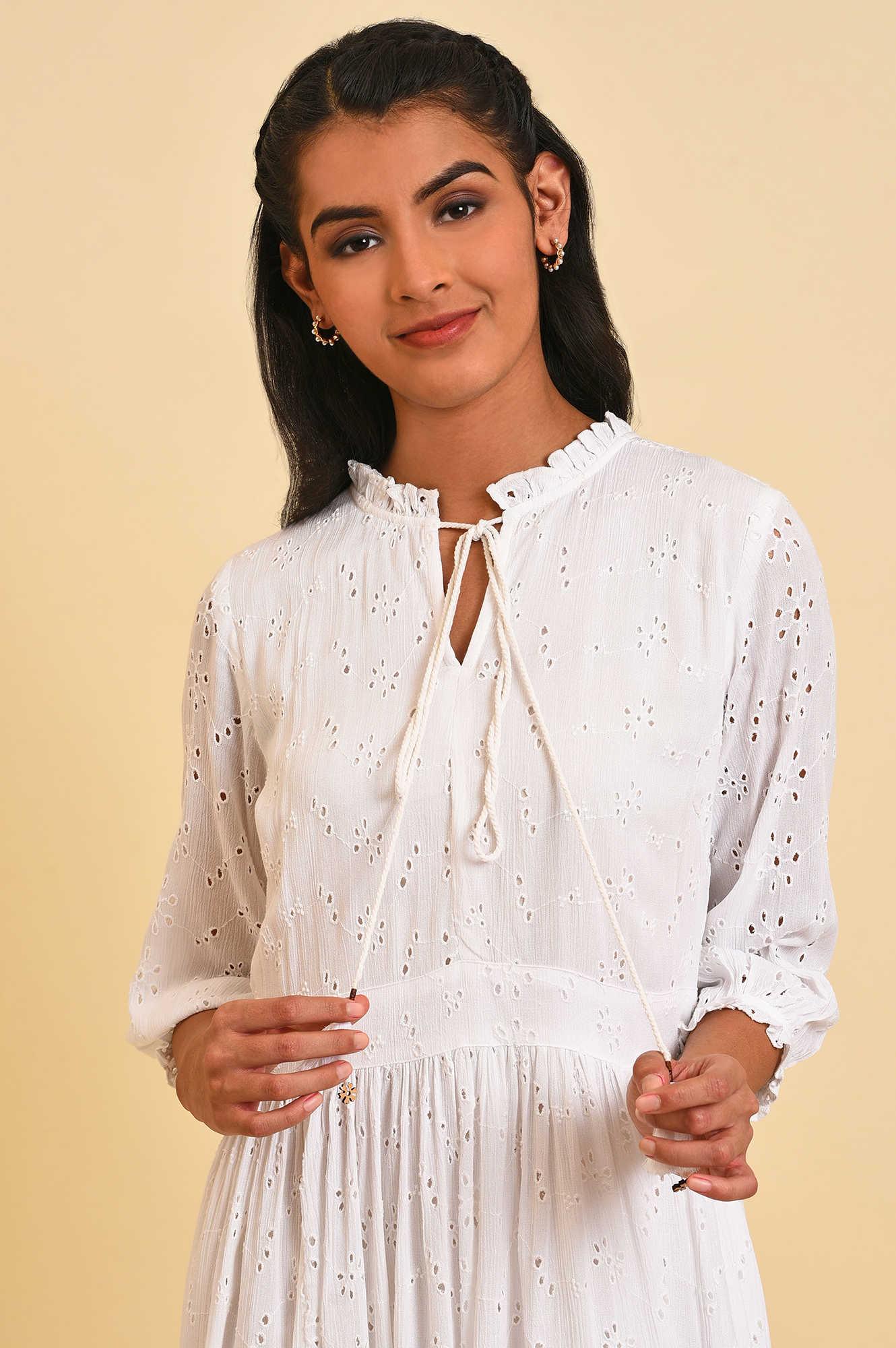 W for Woman White Schiffli Summer Dress  Grab2Buy WforWoman Grab2Buy