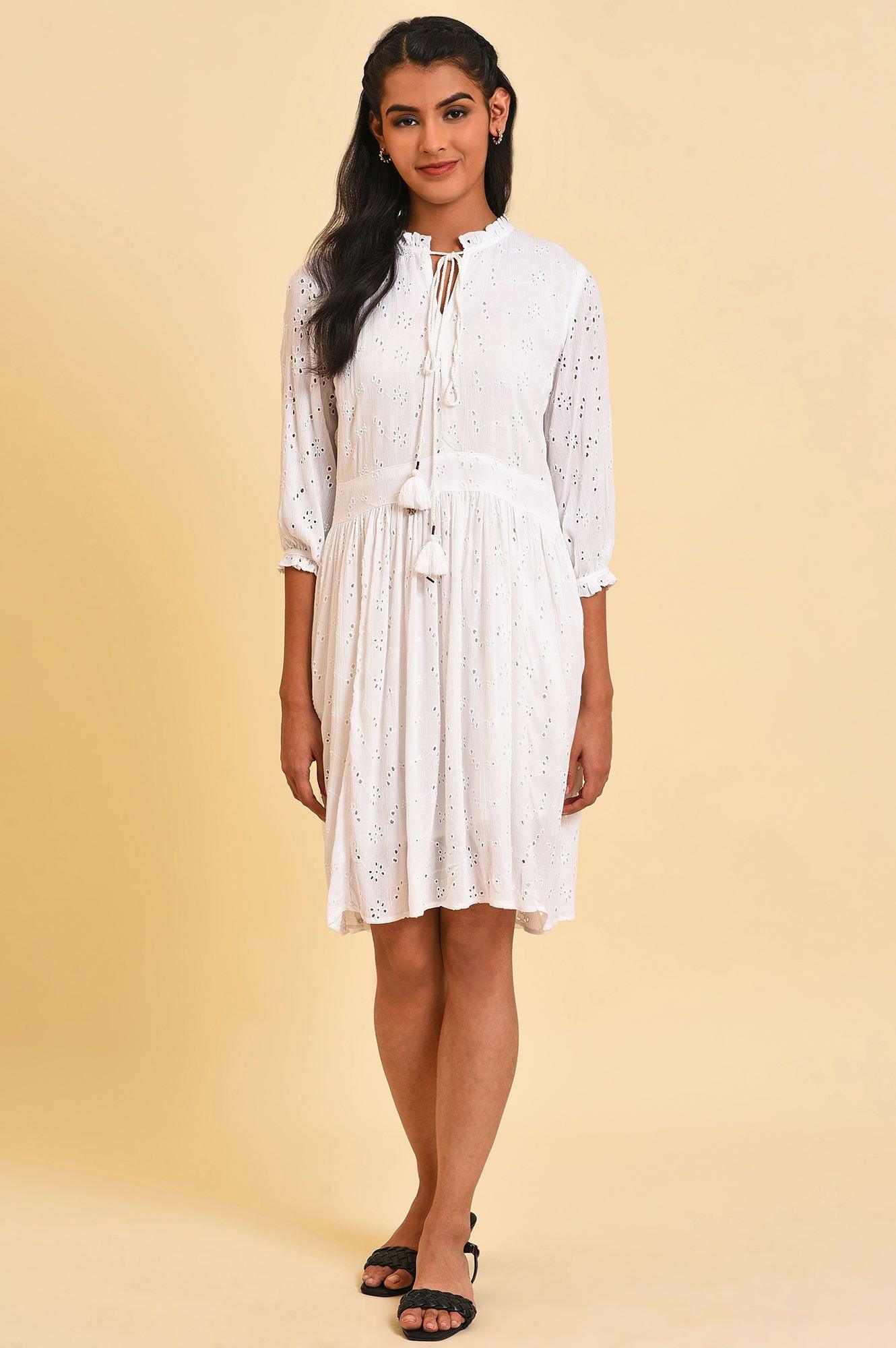 W for Woman White Schiffli Summer Dress  Grab2Buy WforWoman Grab2Buy