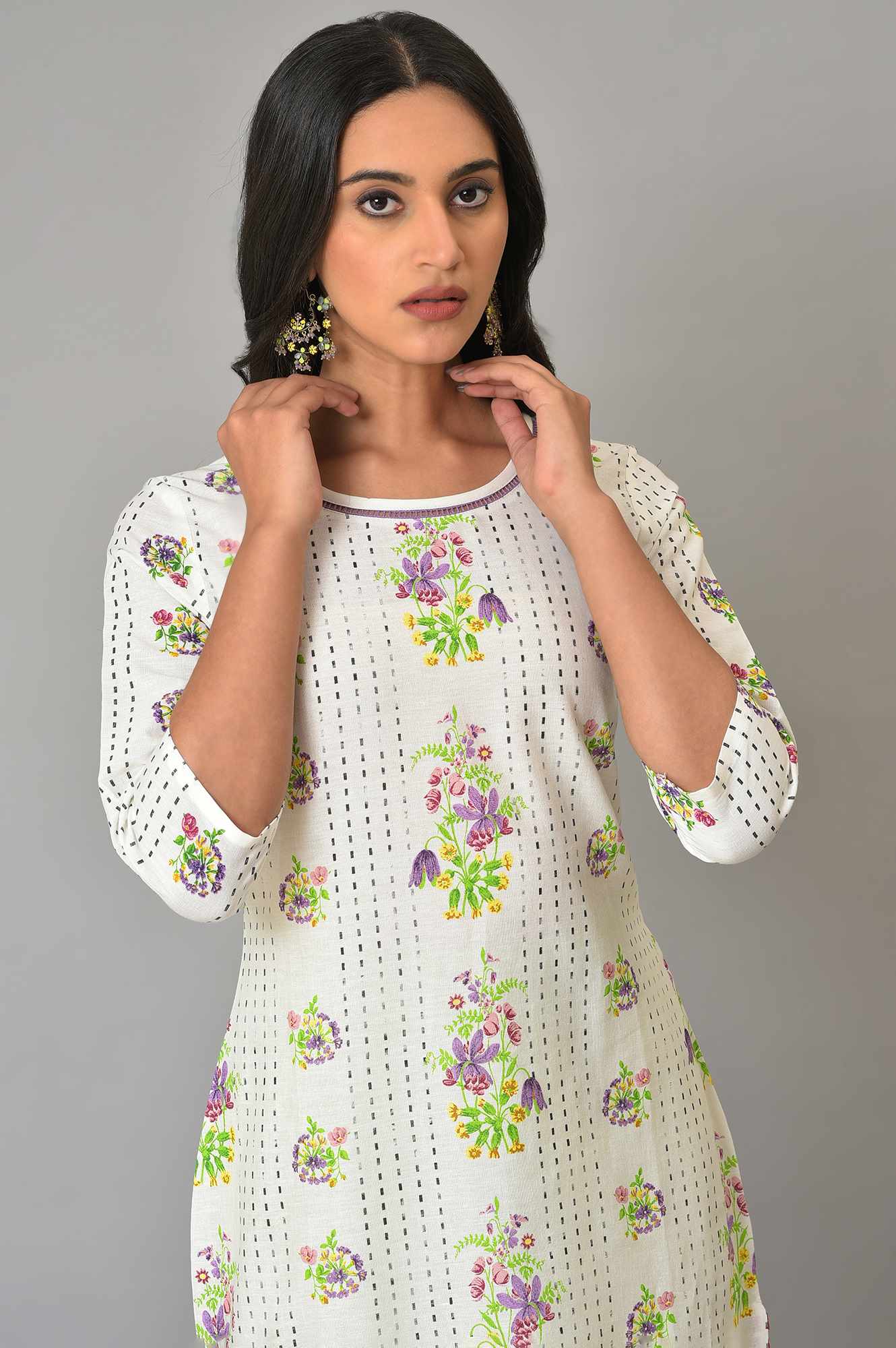 W for Woman Ecru Floral Lace Cotton Flax Straight Kurta and Slim Pant Set