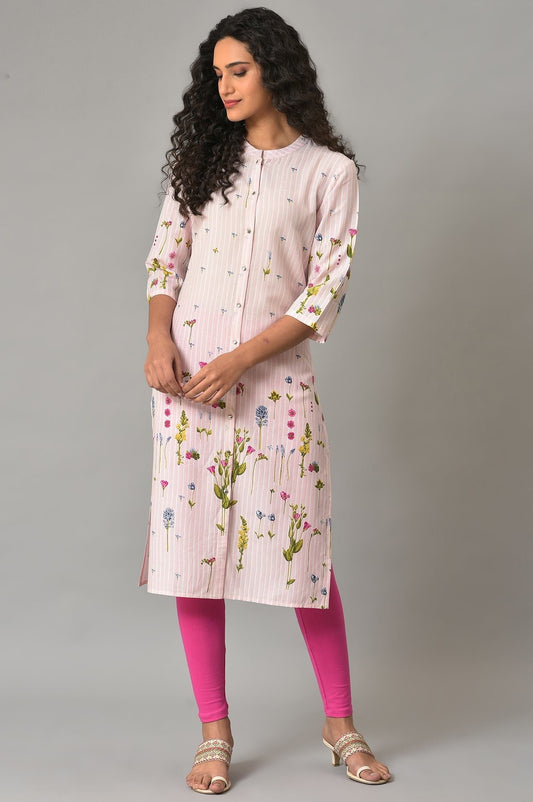 W for Woman Light Pink Floral Printed Plus Size kurta In Mandarin Collar