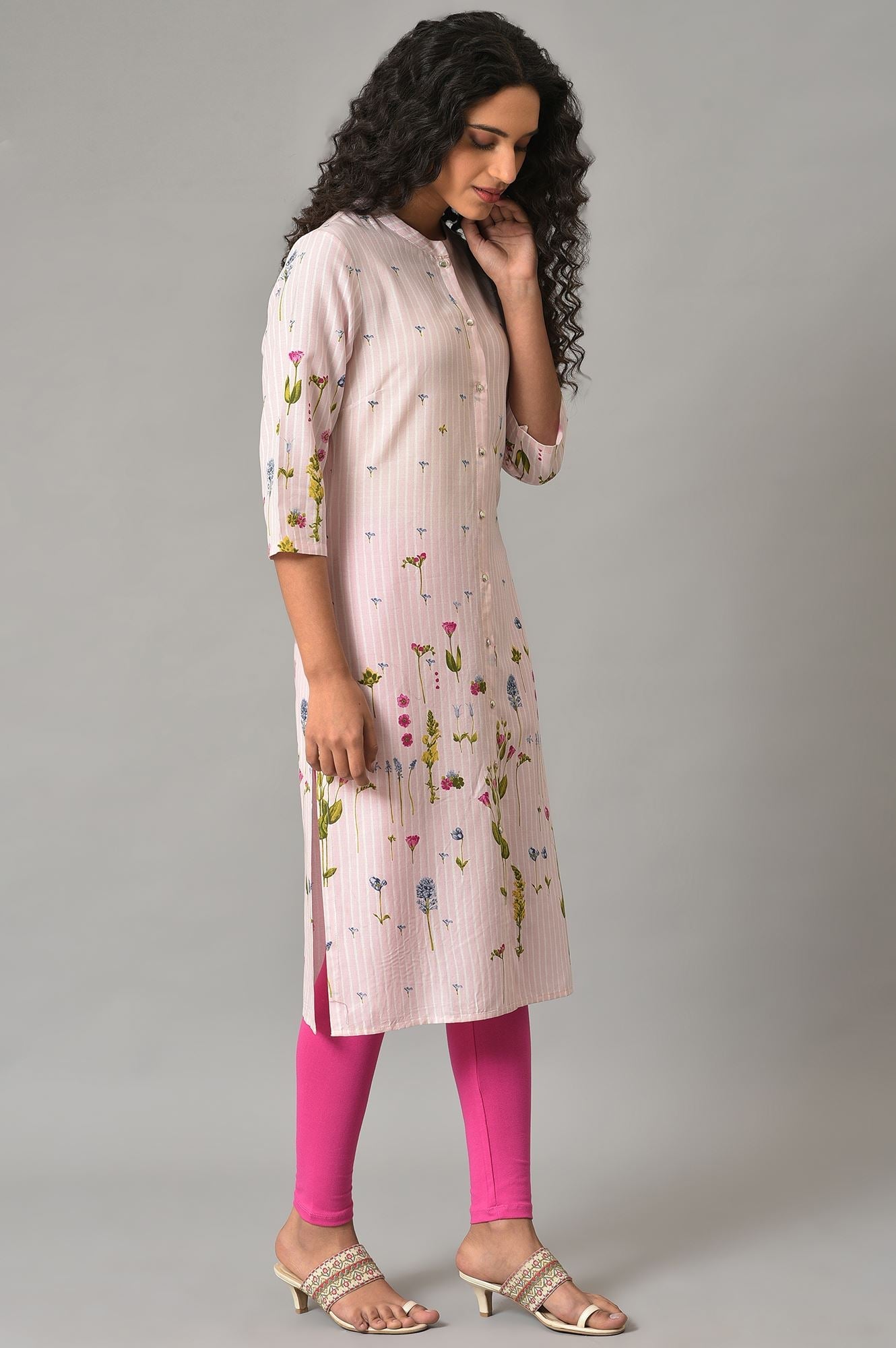 W for Woman Light Pink Floral Printed Plus Size kurta In Mandarin Collar