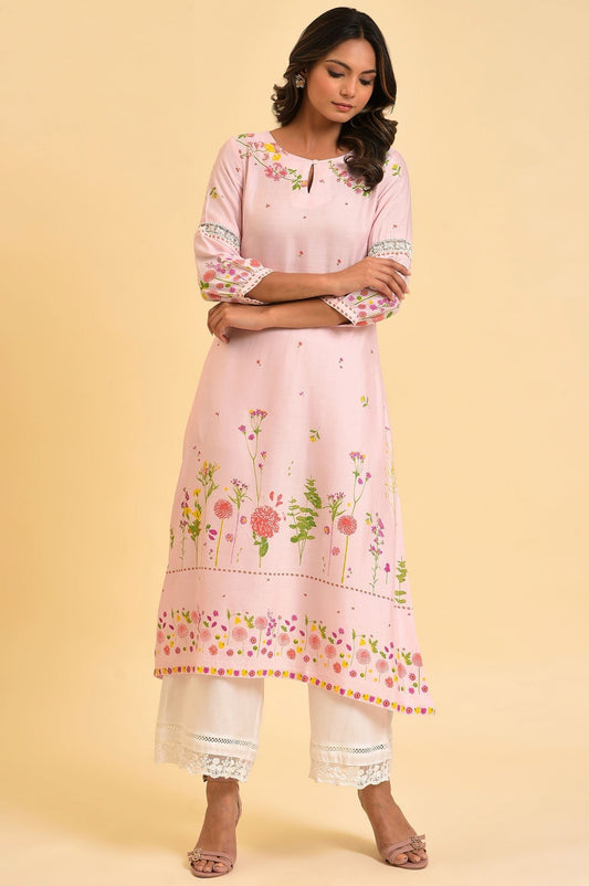 W for Woman Light Pink Floral Printed Summer Kurta