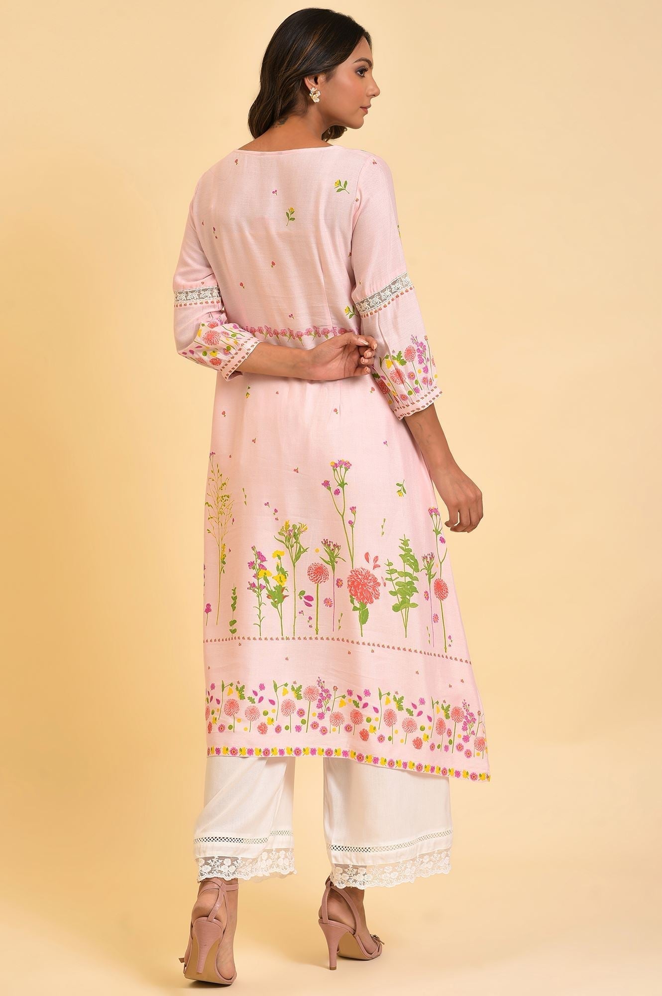 W for Woman Light Pink Floral Printed Summer Kurta