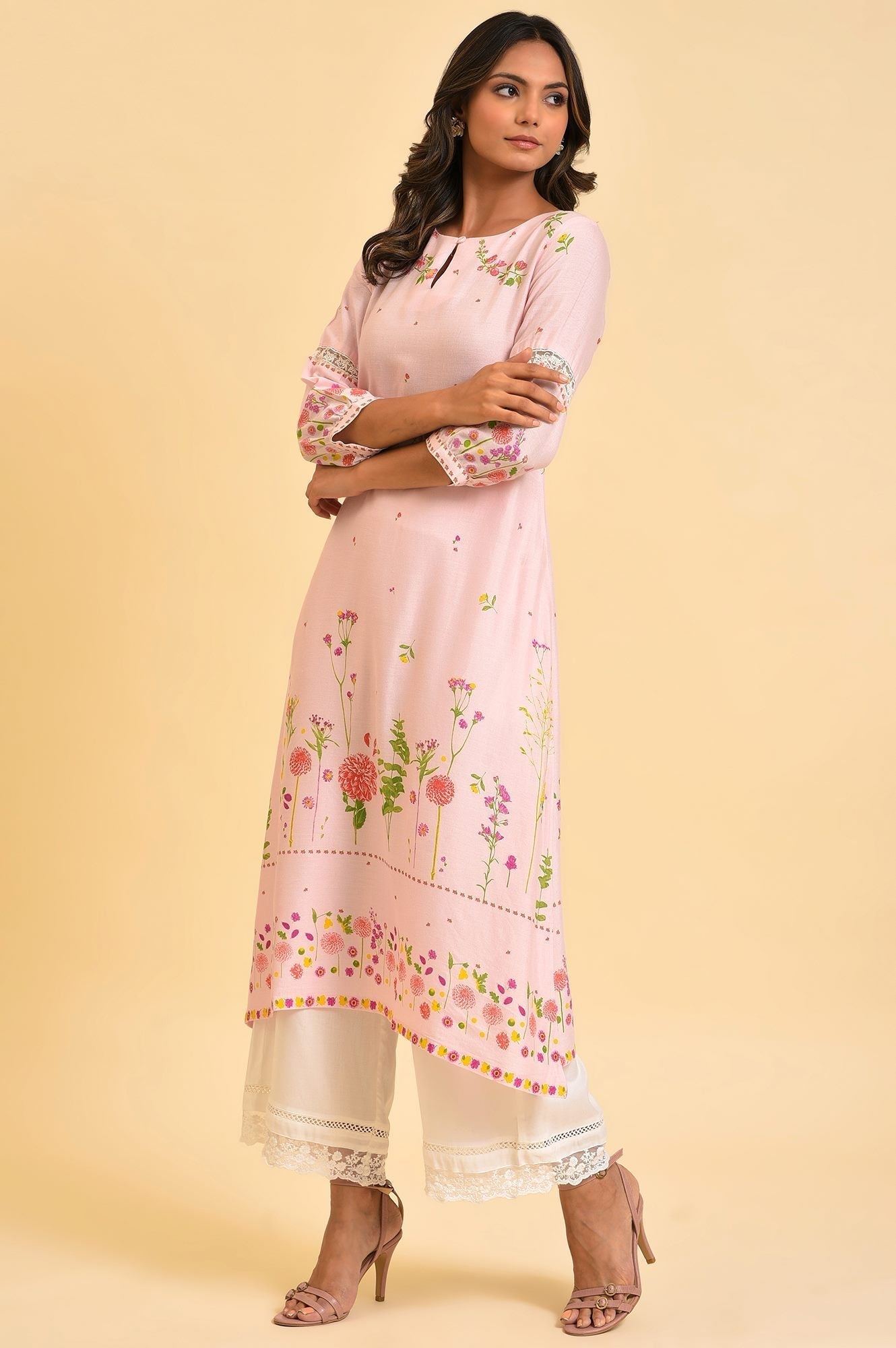 W for Woman Light Pink Floral Printed Summer Kurta