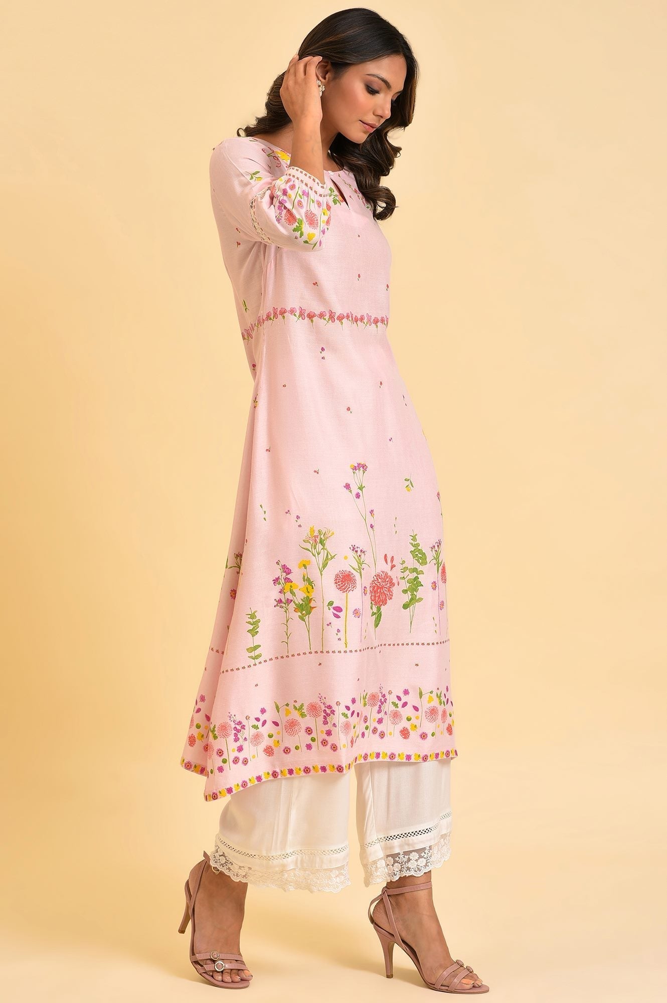 W for Woman Light Pink Floral Printed Summer Kurta