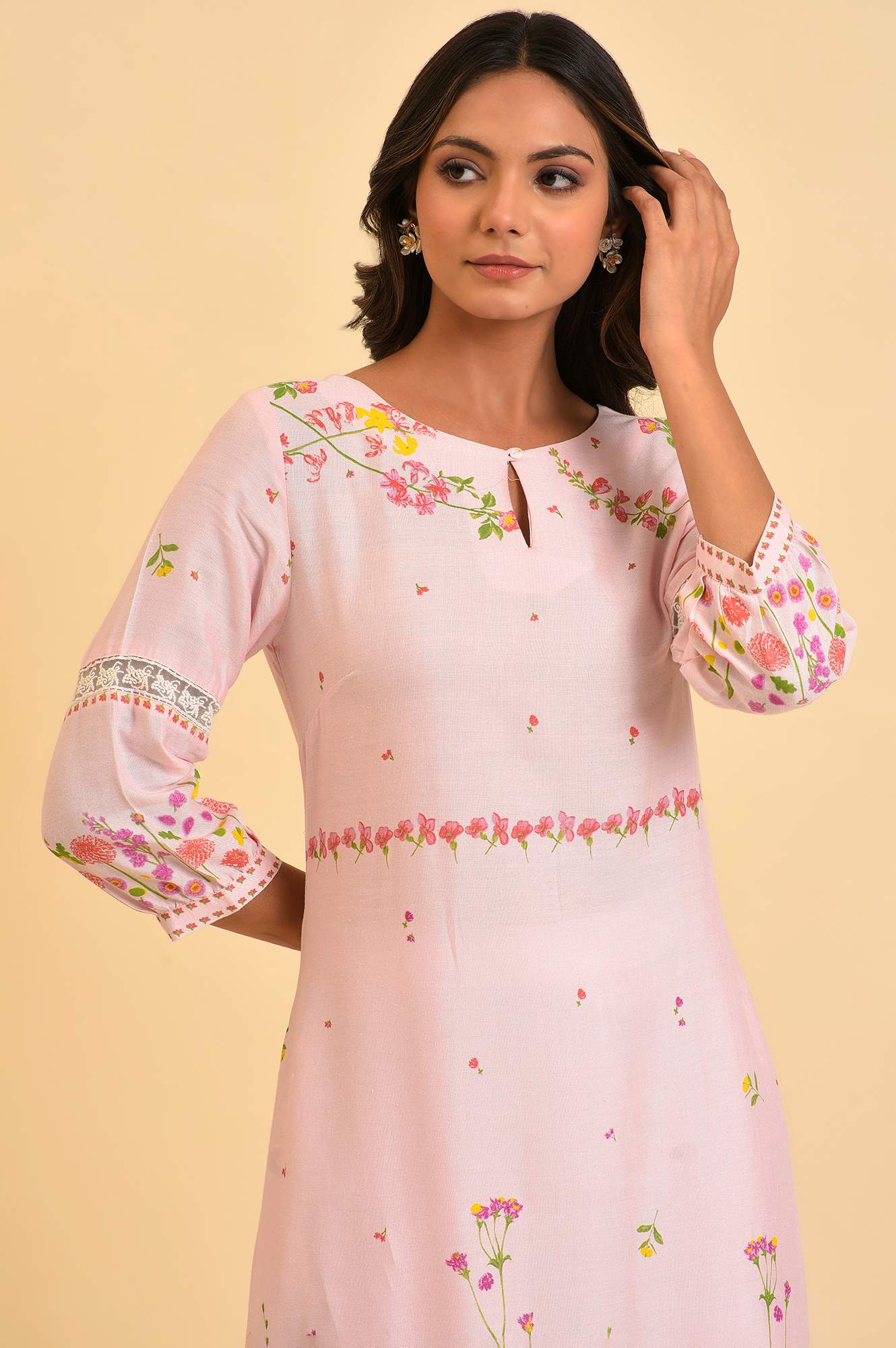 W for Woman Light Pink Floral Printed Summer Kurta