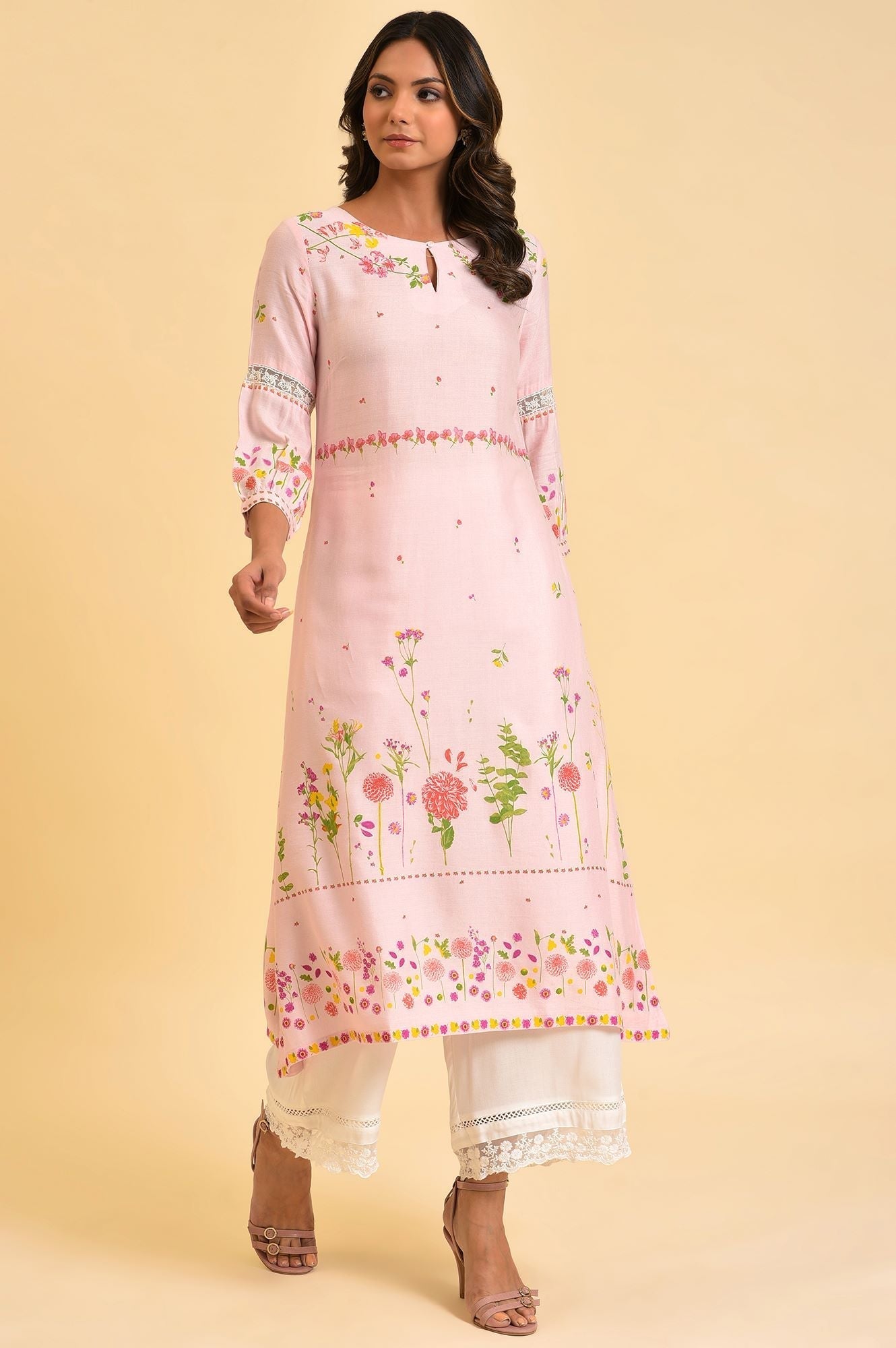 W for Woman Light Pink Floral Printed Summer Kurta