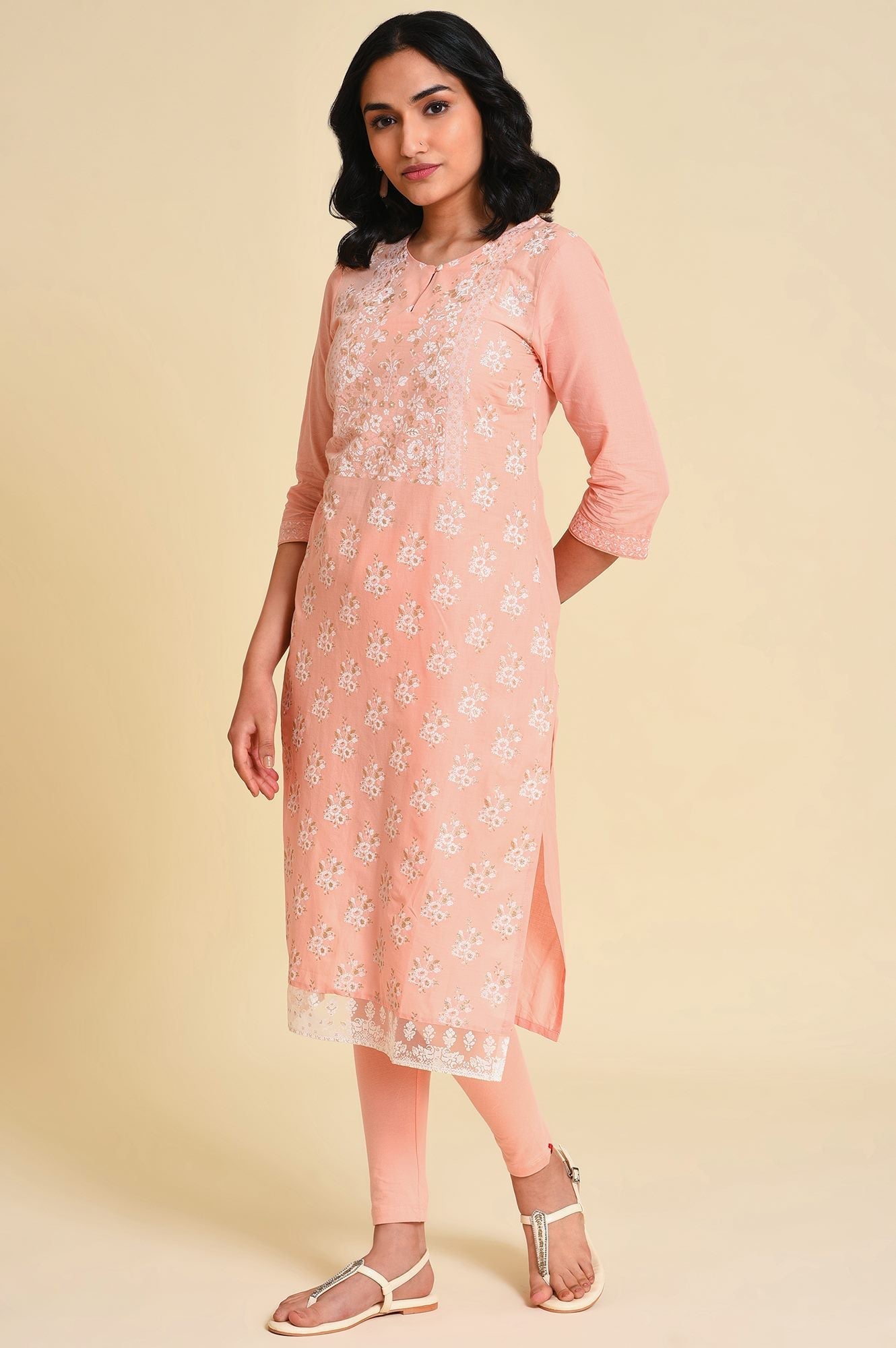 W for Woman Peach Glitter Printed Kurta