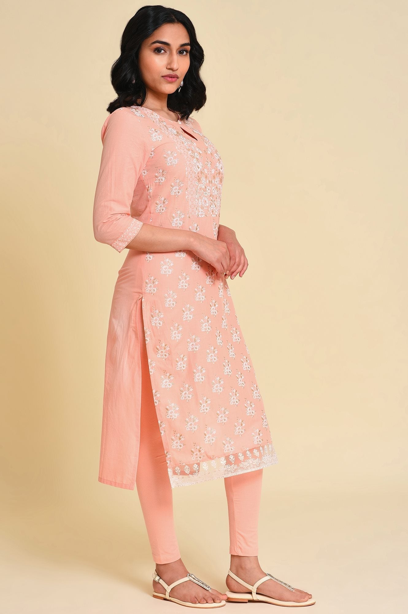 W for Woman Peach Glitter Printed Kurta
