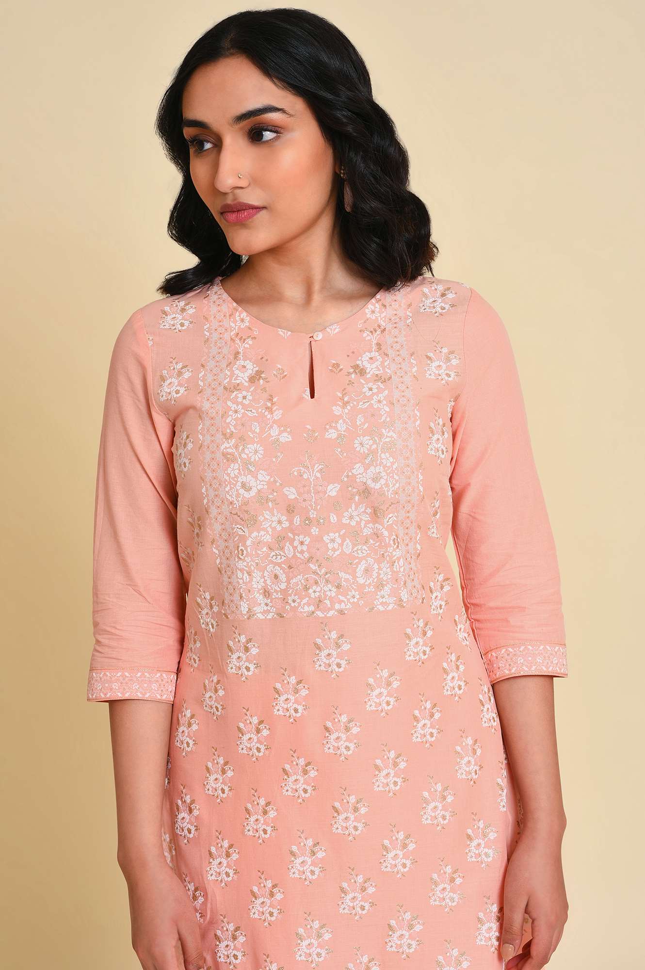 W for Woman Peach Glitter Printed Kurta