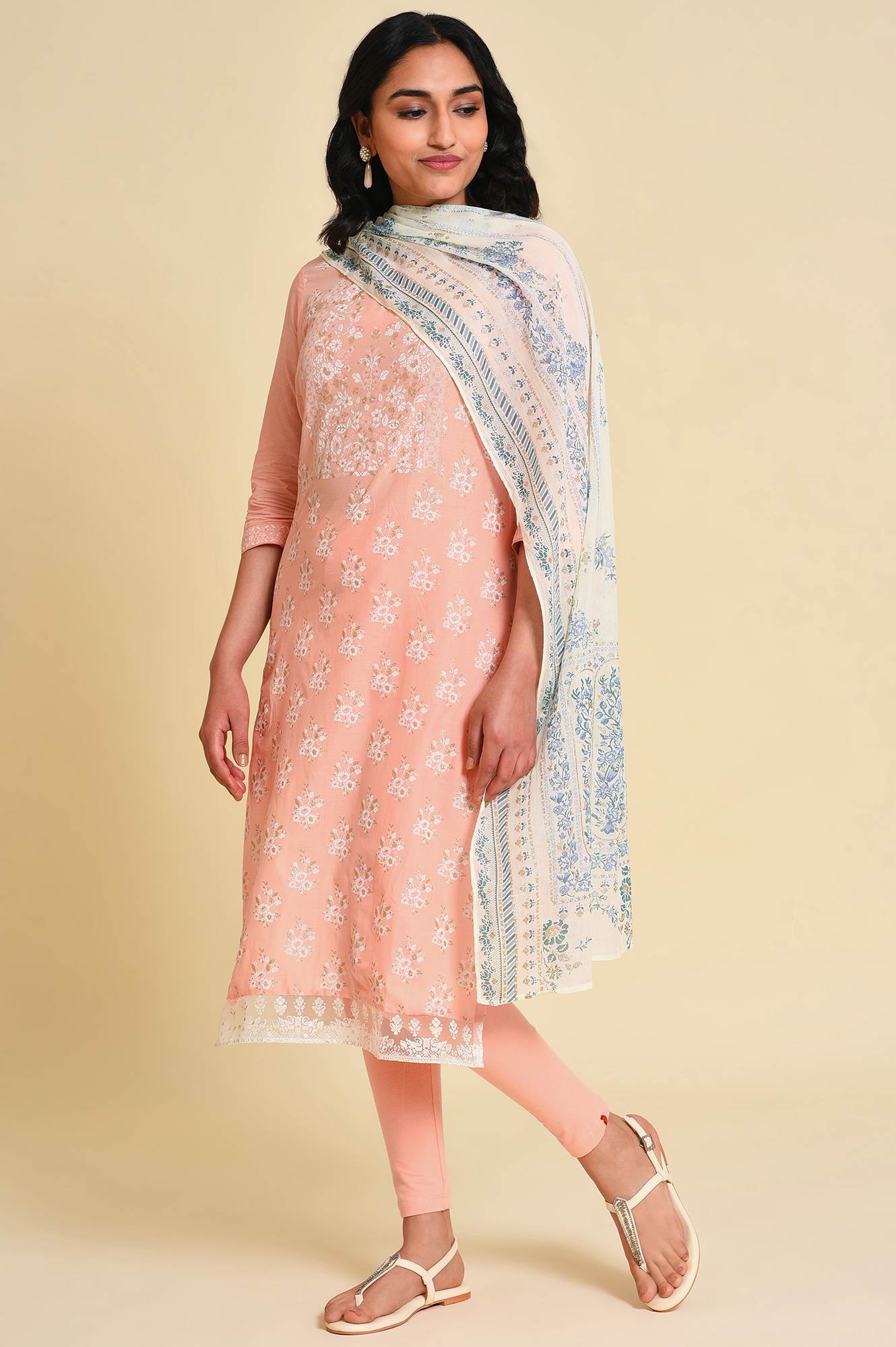 W for Woman Peach Glitter Printed Kurta