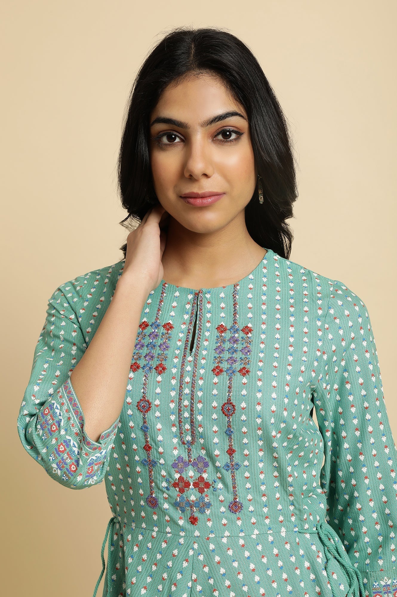 W for Woman Light Green Geometric Printed Flared Kurta with Slim Pant Set