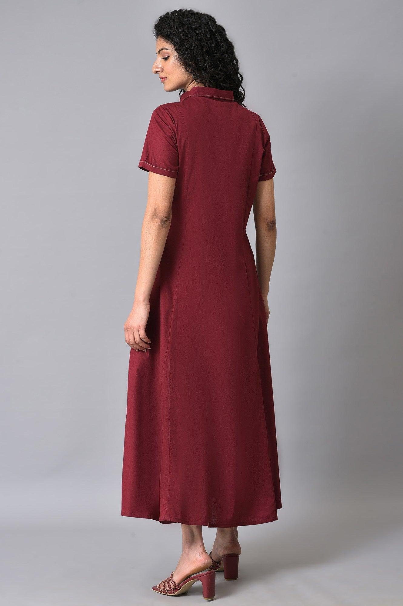 W for Woman Maroon Cotton Western Summer Shirt Dress for Women