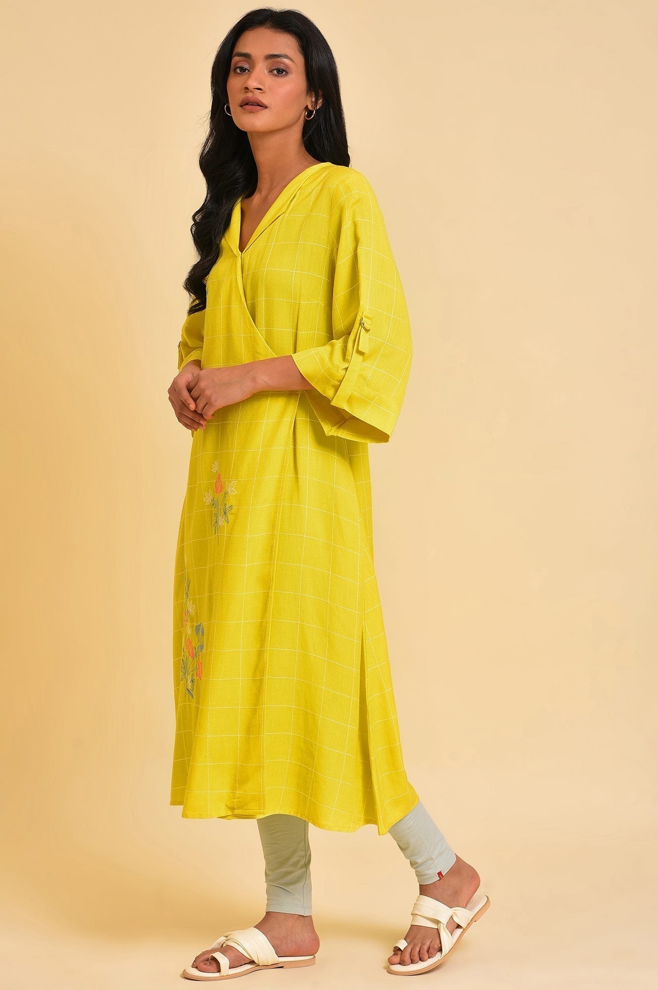 W for Woman Yellow Embroidered Checker Wrap Dress  Grab2Buy WforWoman Grab2Buy