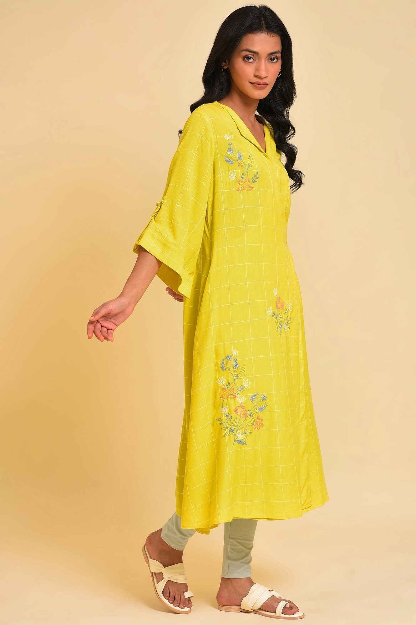 W for Woman Yellow Embroidered Checker Wrap Dress  Grab2Buy WforWoman Grab2Buy