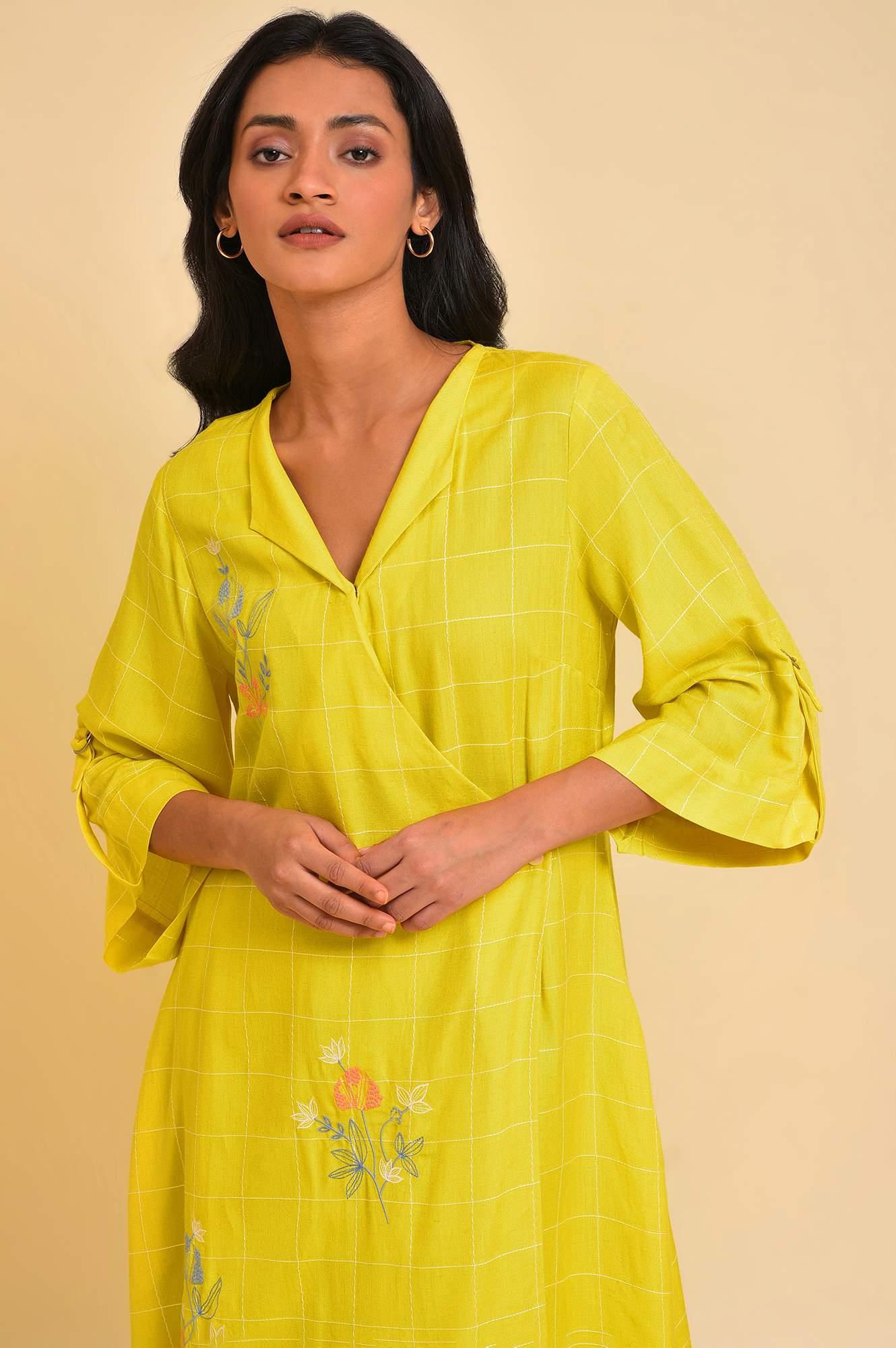 W for Woman Yellow Embroidered Checker Wrap Dress  Grab2Buy WforWoman Grab2Buy
