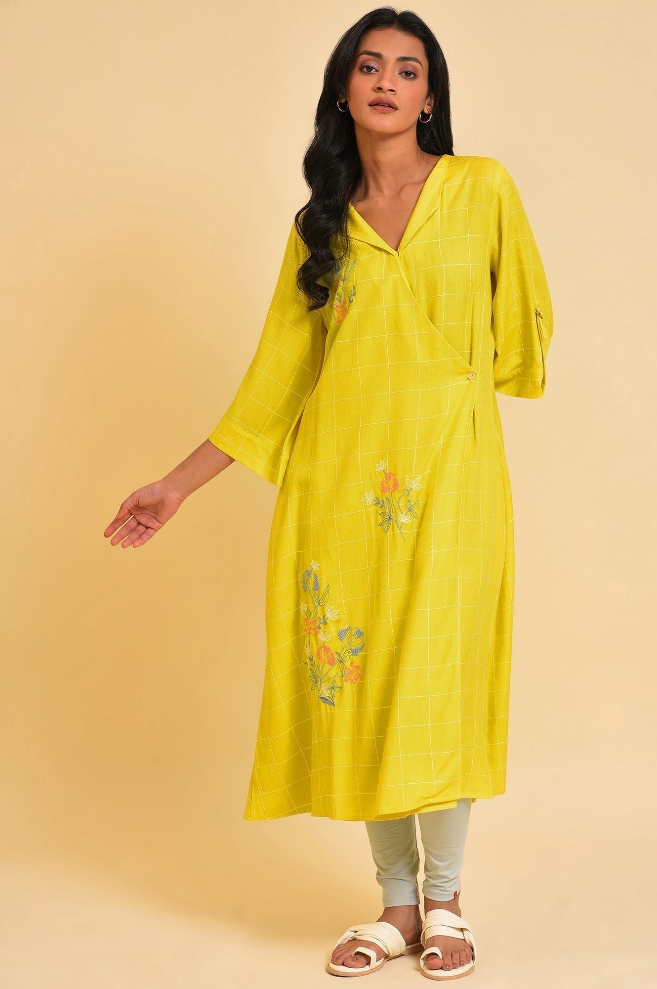 W for Woman Yellow Embroidered Checker Wrap Dress  Grab2Buy WforWoman Grab2Buy