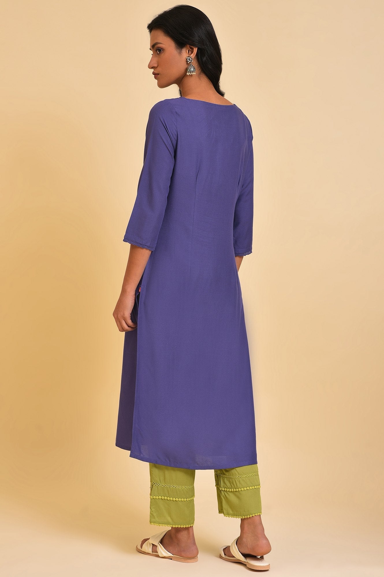 W for Woman Purple Straight Kurta with Embroidered Yoke