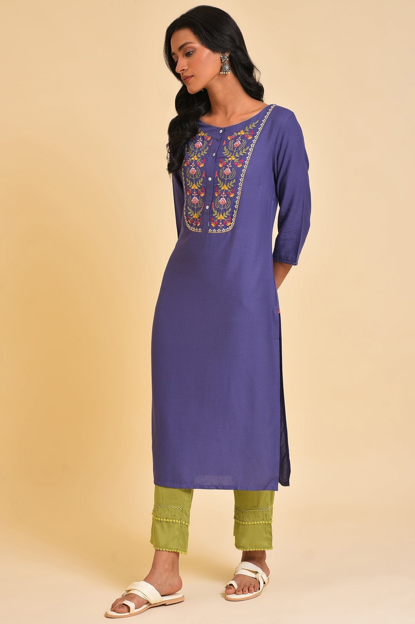 W for Woman Purple Straight Kurta with Embroidered Yoke