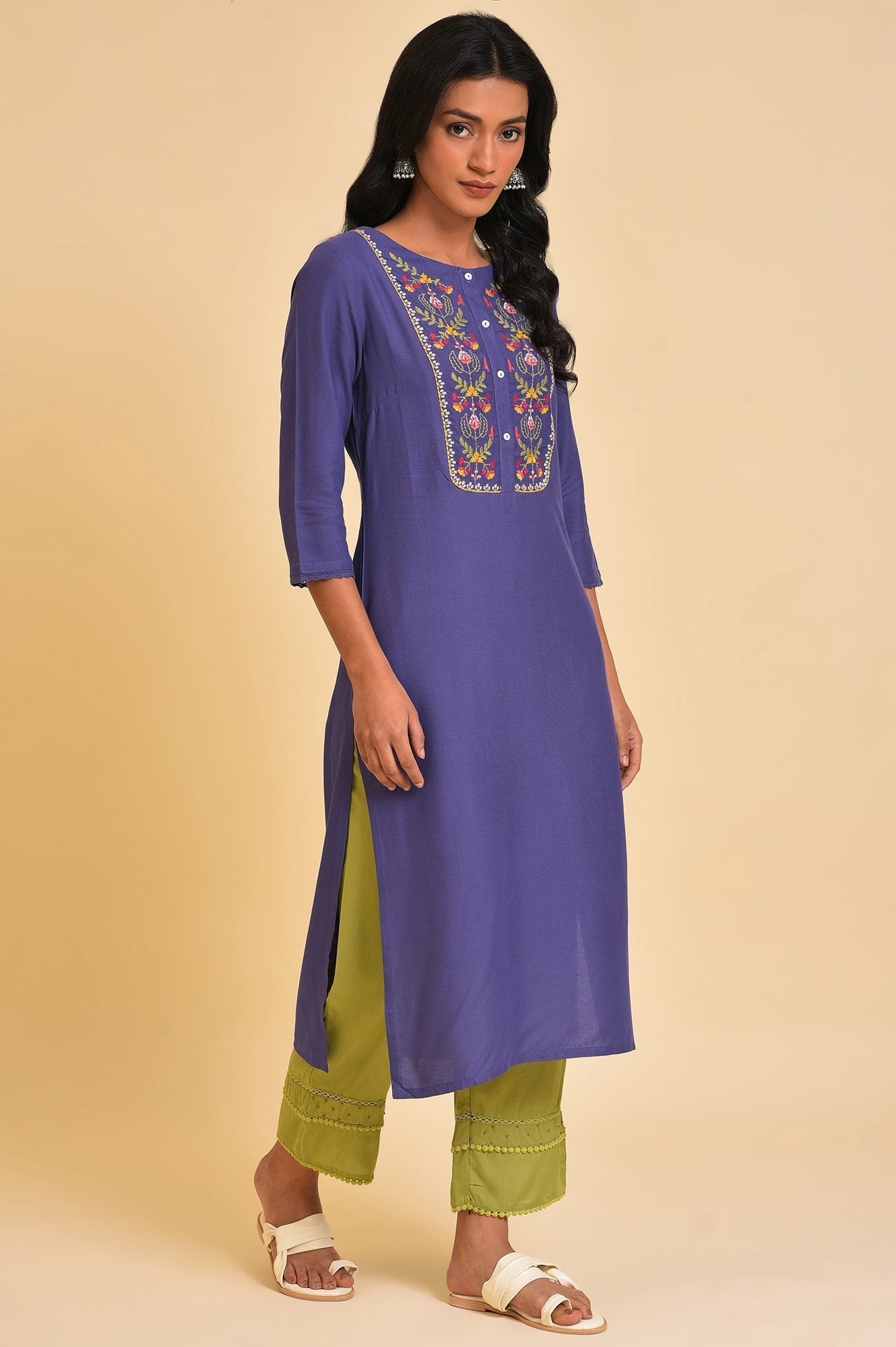 W for Woman Purple Straight Kurta with Embroidered Yoke