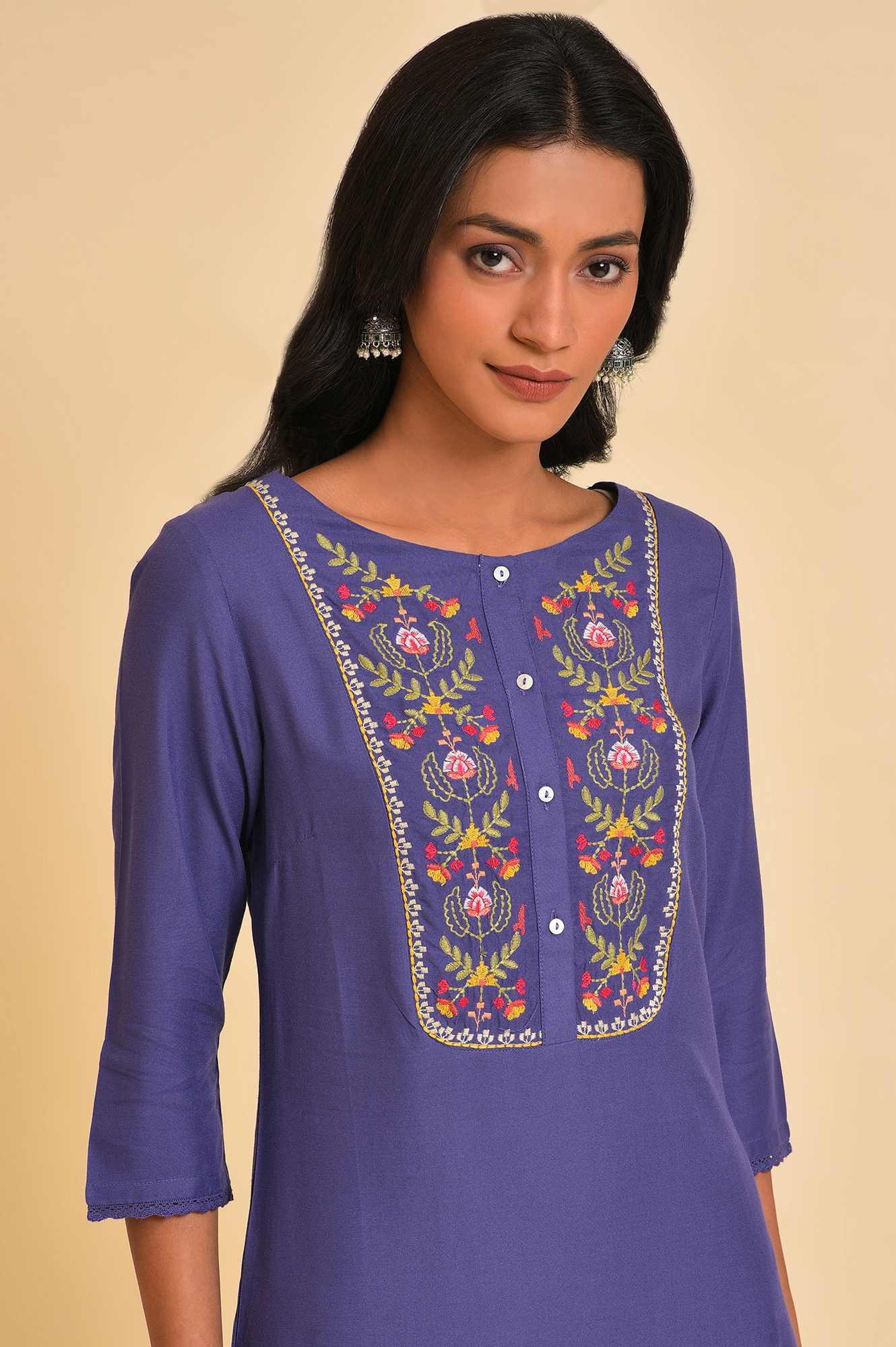 W for Woman Purple Embroidered Cotton Straight Kurta