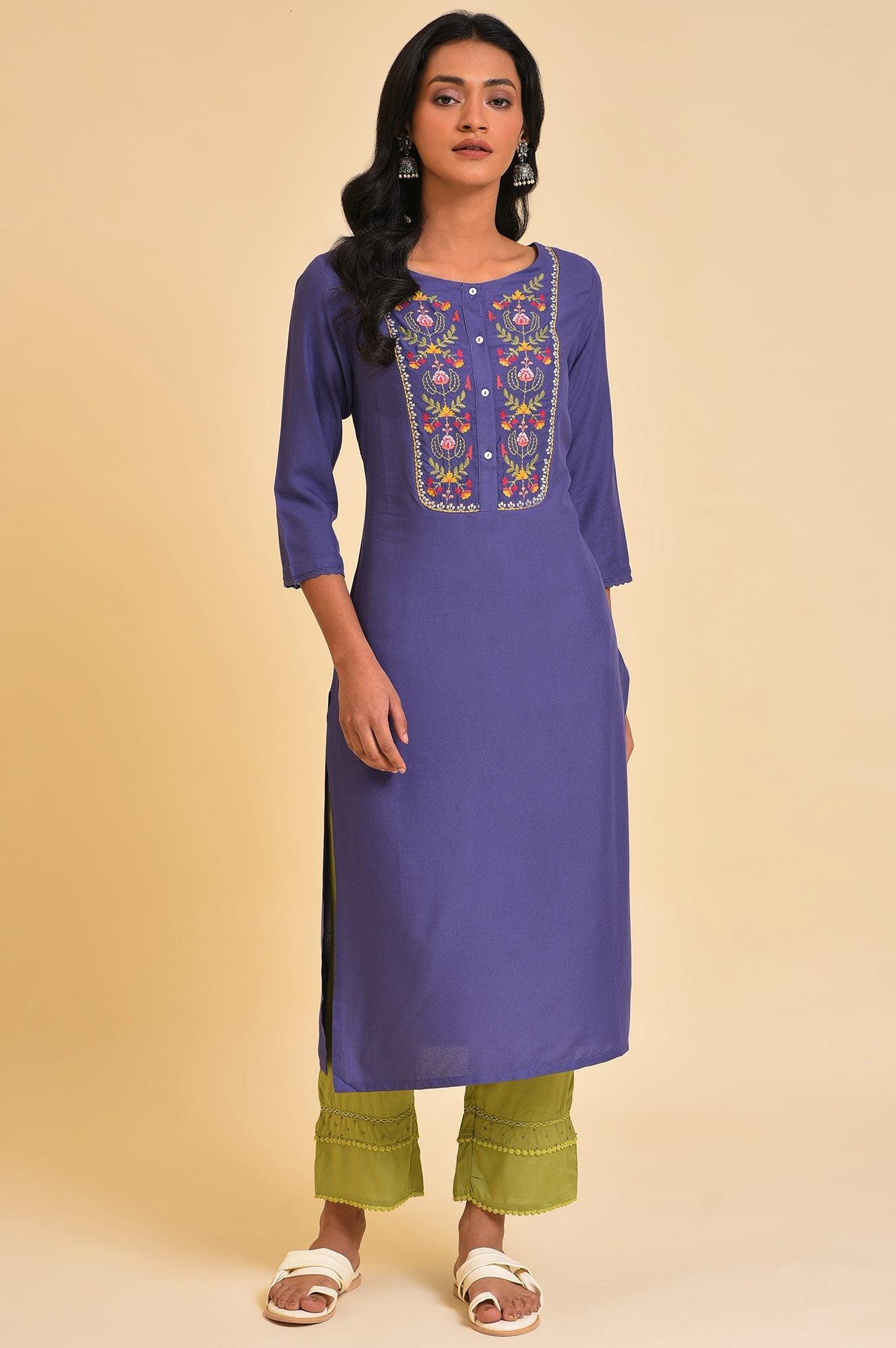 W for Woman Purple Embroidered Cotton Straight Kurta