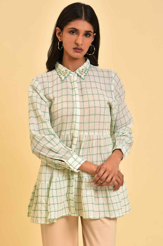 W for Woman White Tiered Top with Green Stitch Lines  Grab2Buy WforWoman Grab2Buy