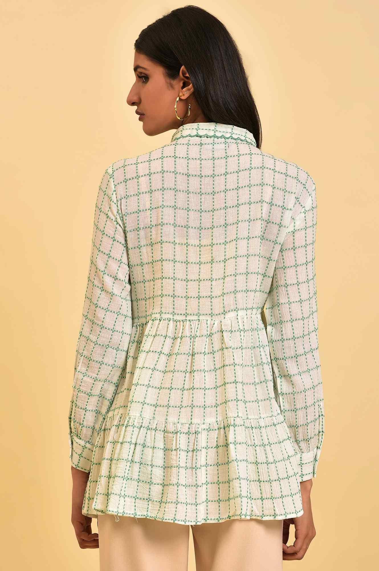 W for Woman White Tiered Top with Green Stitch Lines  Grab2Buy WforWoman Grab2Buy