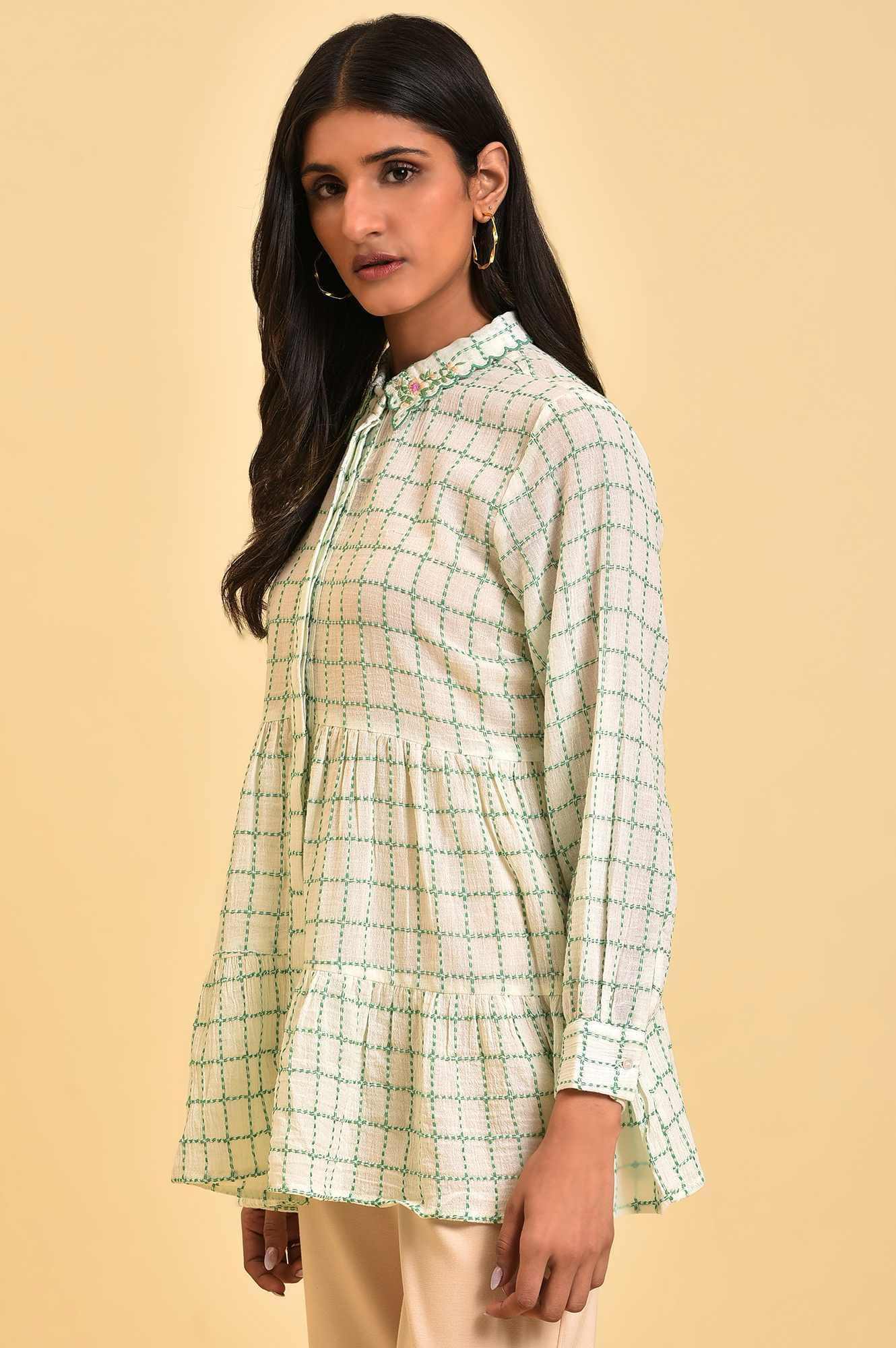 W for Woman White Tiered Top with Green Stitch Lines  Grab2Buy WforWoman Grab2Buy
