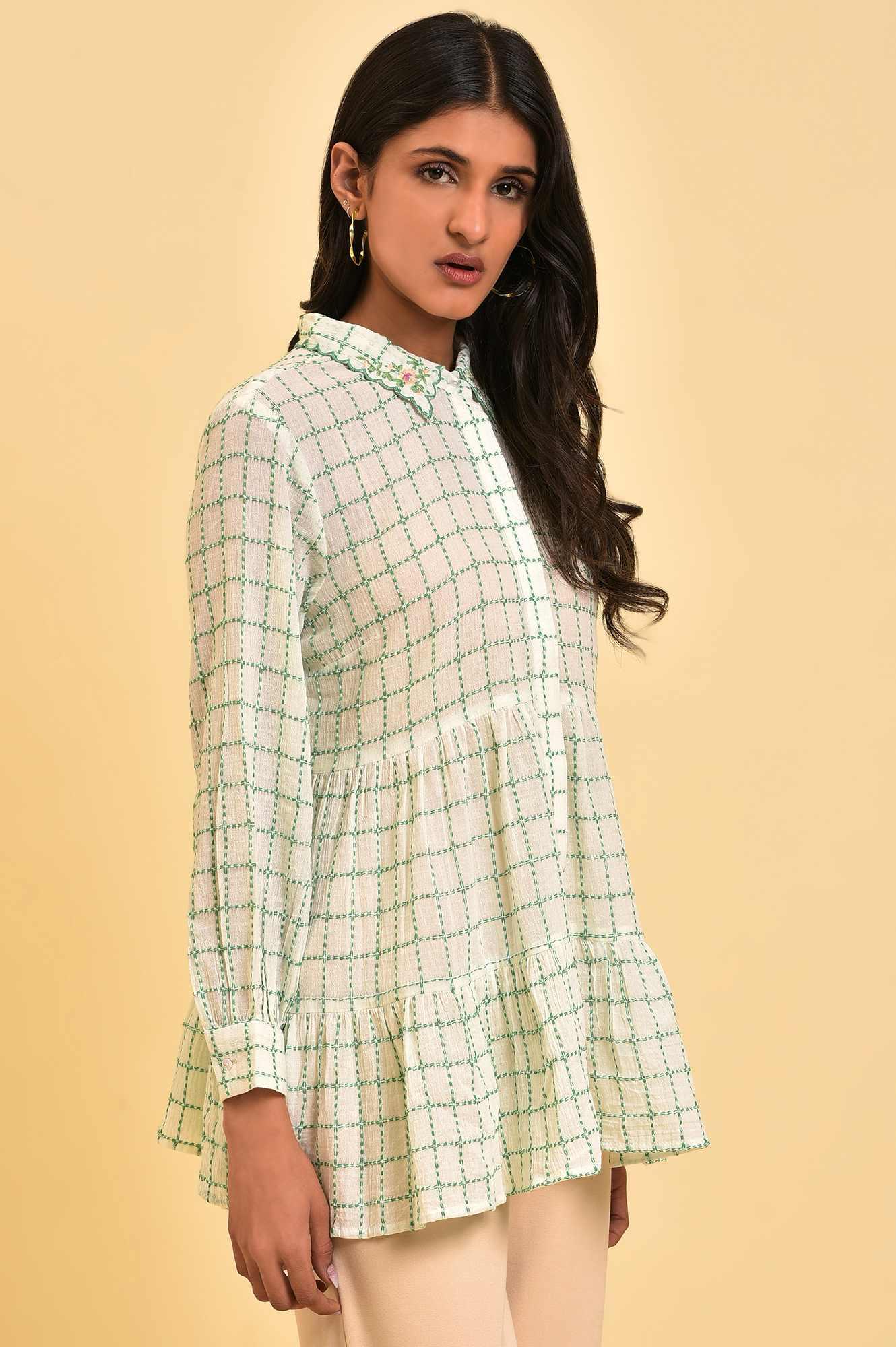 W for Woman White Tiered Top with Green Stitch Lines  Grab2Buy WforWoman Grab2Buy