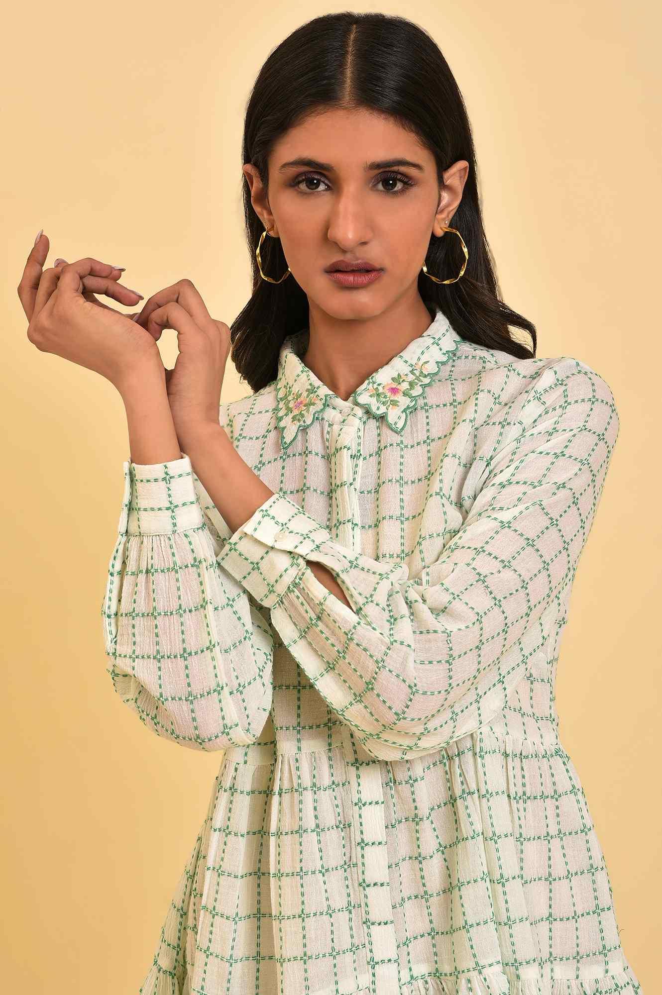 W for Woman White Tiered Top with Green Stitch Lines  Grab2Buy WforWoman Grab2Buy