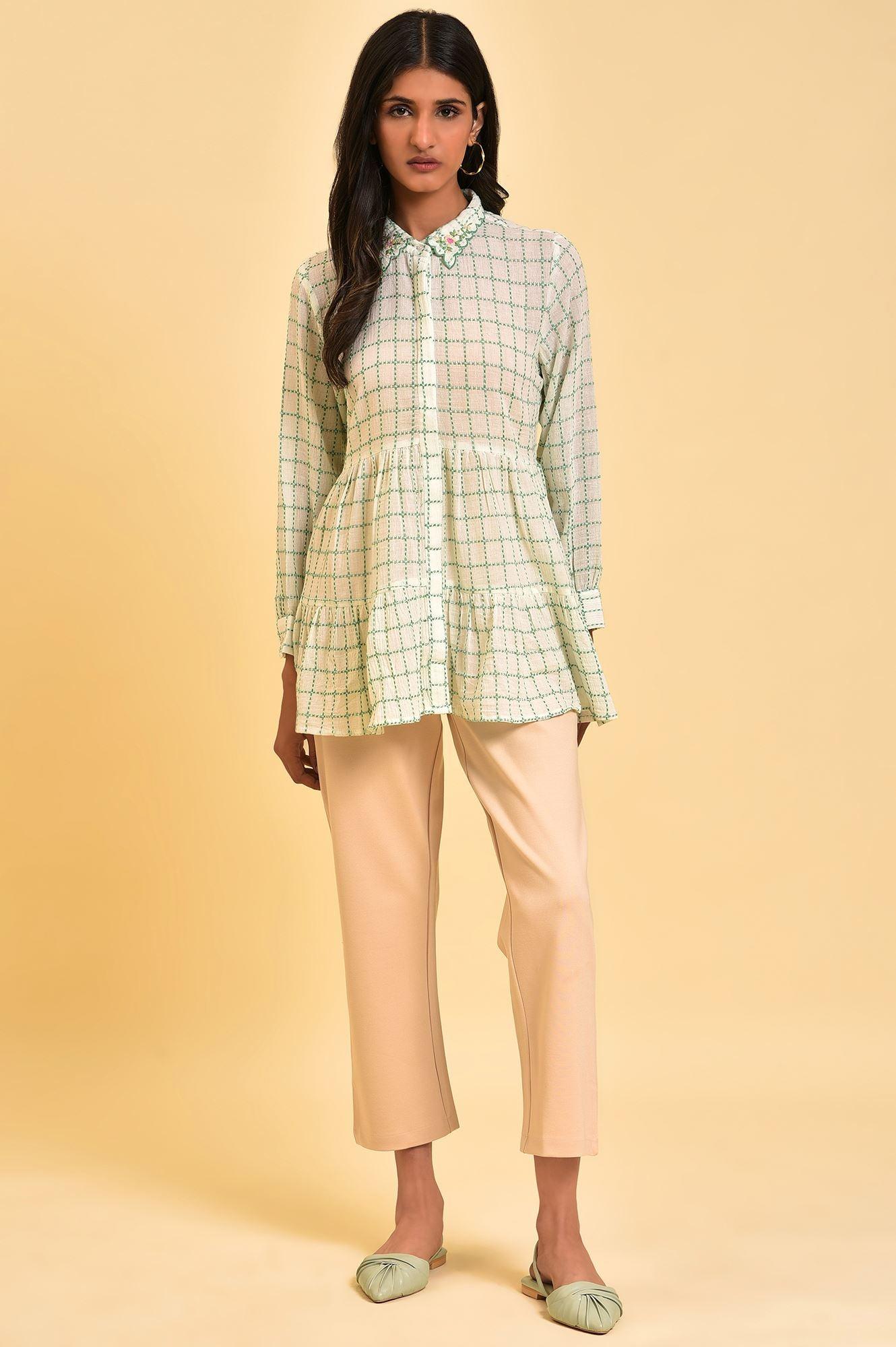 W for Woman White Tiered Top with Green Stitch Lines  Grab2Buy WforWoman Grab2Buy