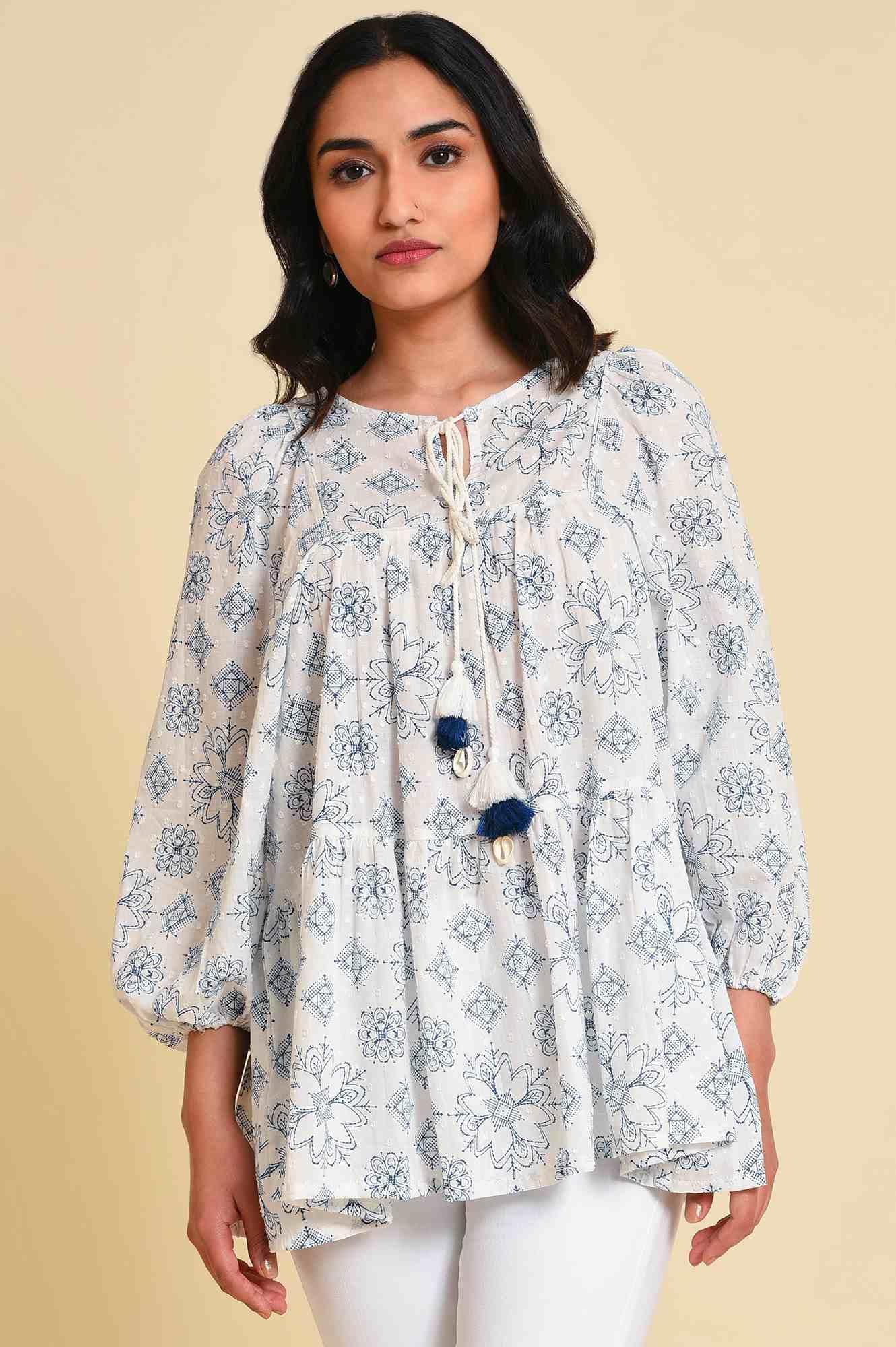 W for Woman White Geometric Print Gathered Top  Grab2Buy WforWoman Grab2Buy