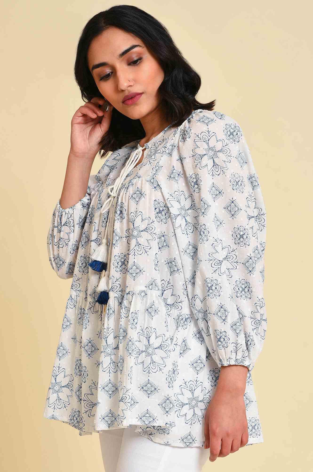 W for Woman White Geometric Print Gathered Top  Grab2Buy WforWoman Grab2Buy