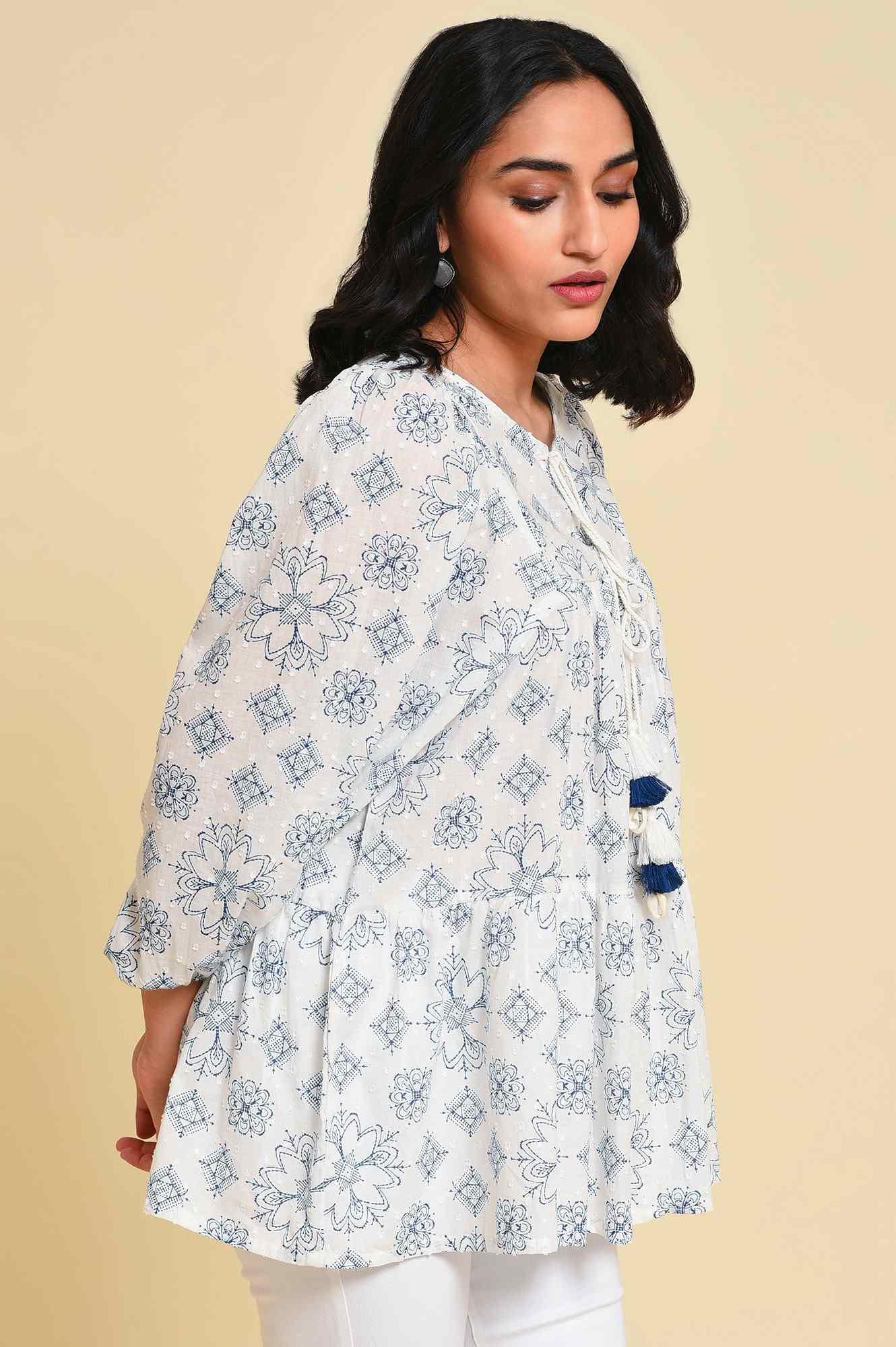 W for Woman White Geometric Print Gathered Top  Grab2Buy WforWoman Grab2Buy