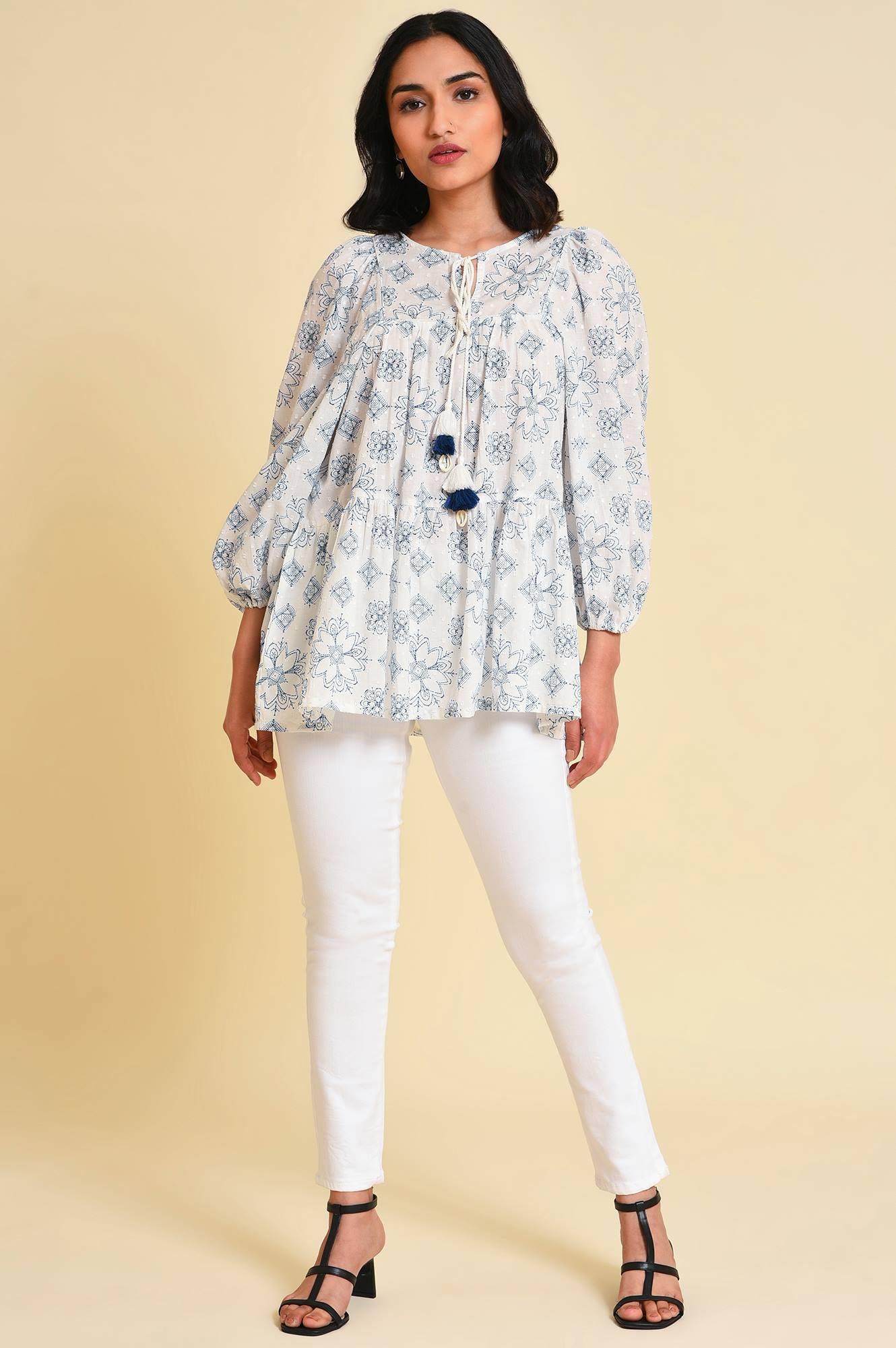W for Woman White Geometric Print Gathered Top  Grab2Buy WforWoman Grab2Buy