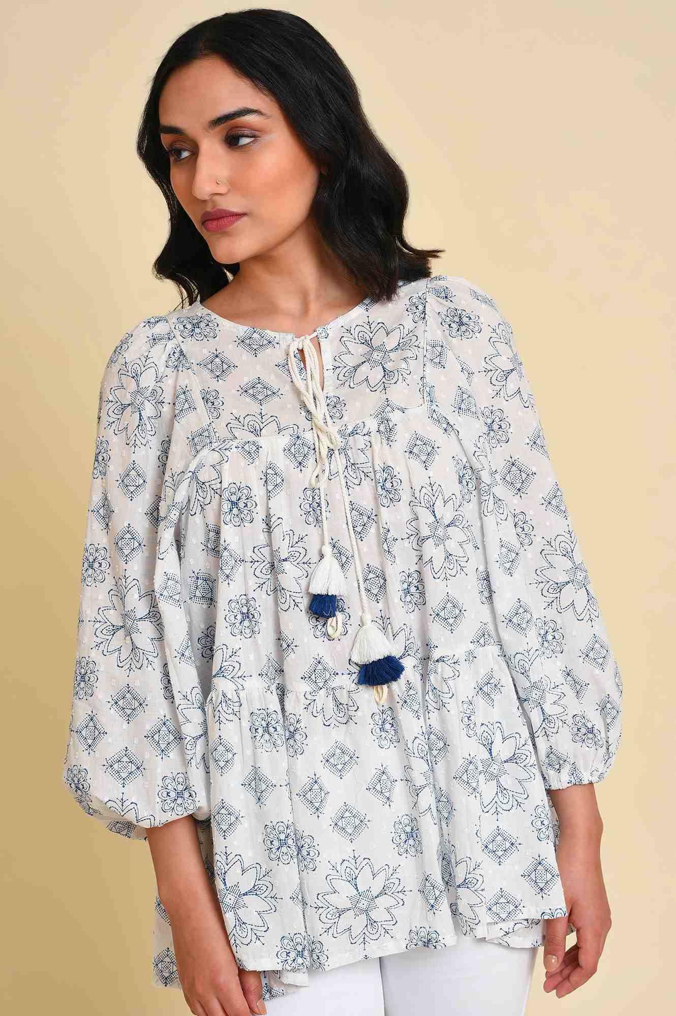 W for Woman White Geometric Print Gathered Top  Grab2Buy WforWoman Grab2Buy