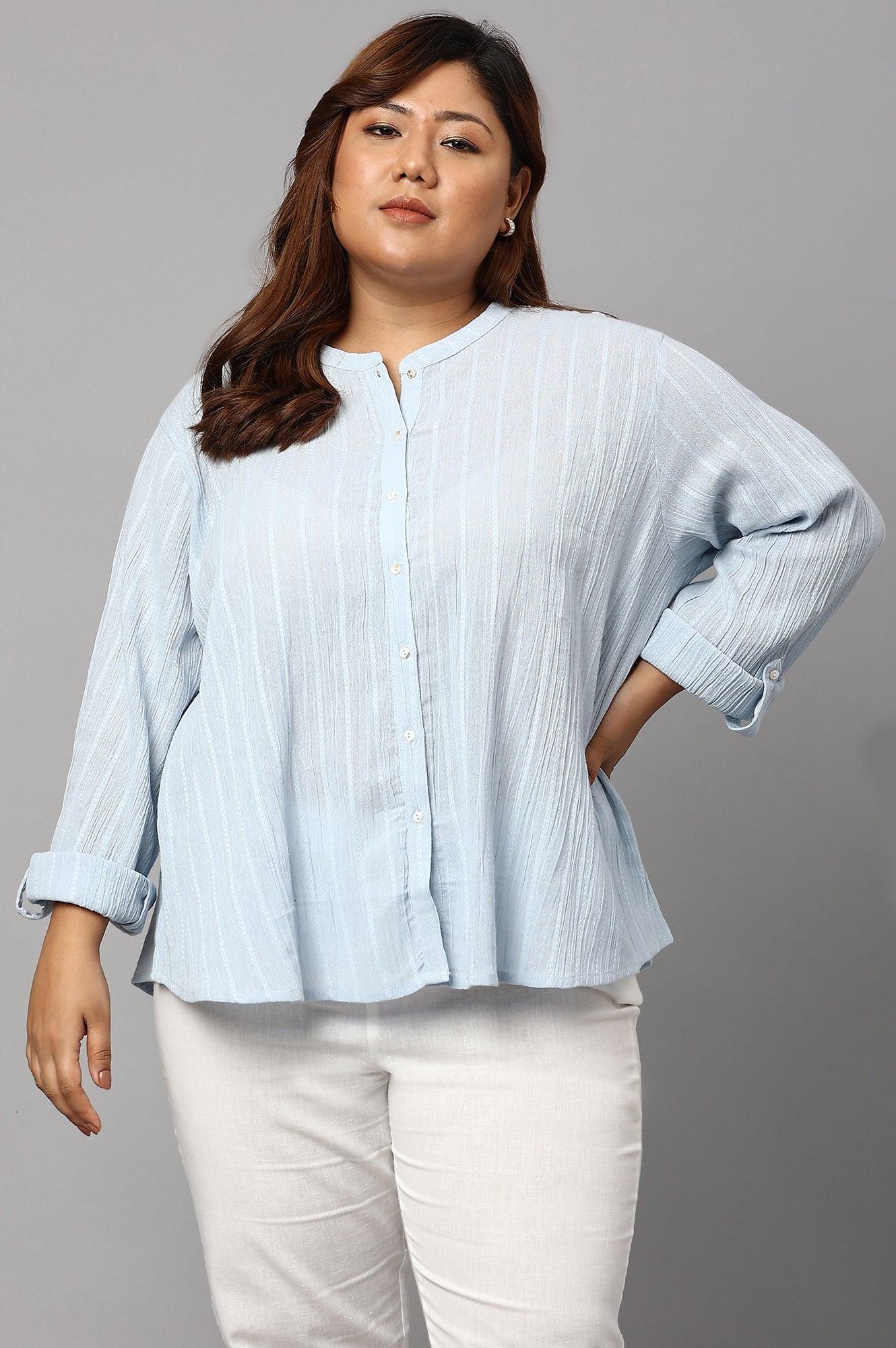 W for Woman Light Blue Mandarin Collar Plus Size Top