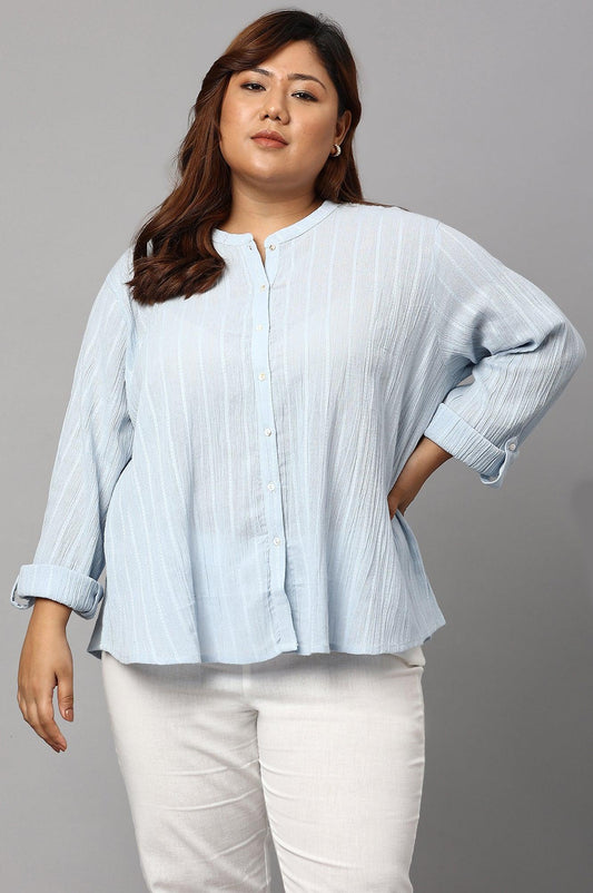 W for Woman Light Blue Mandarin Collar Plus Size Top