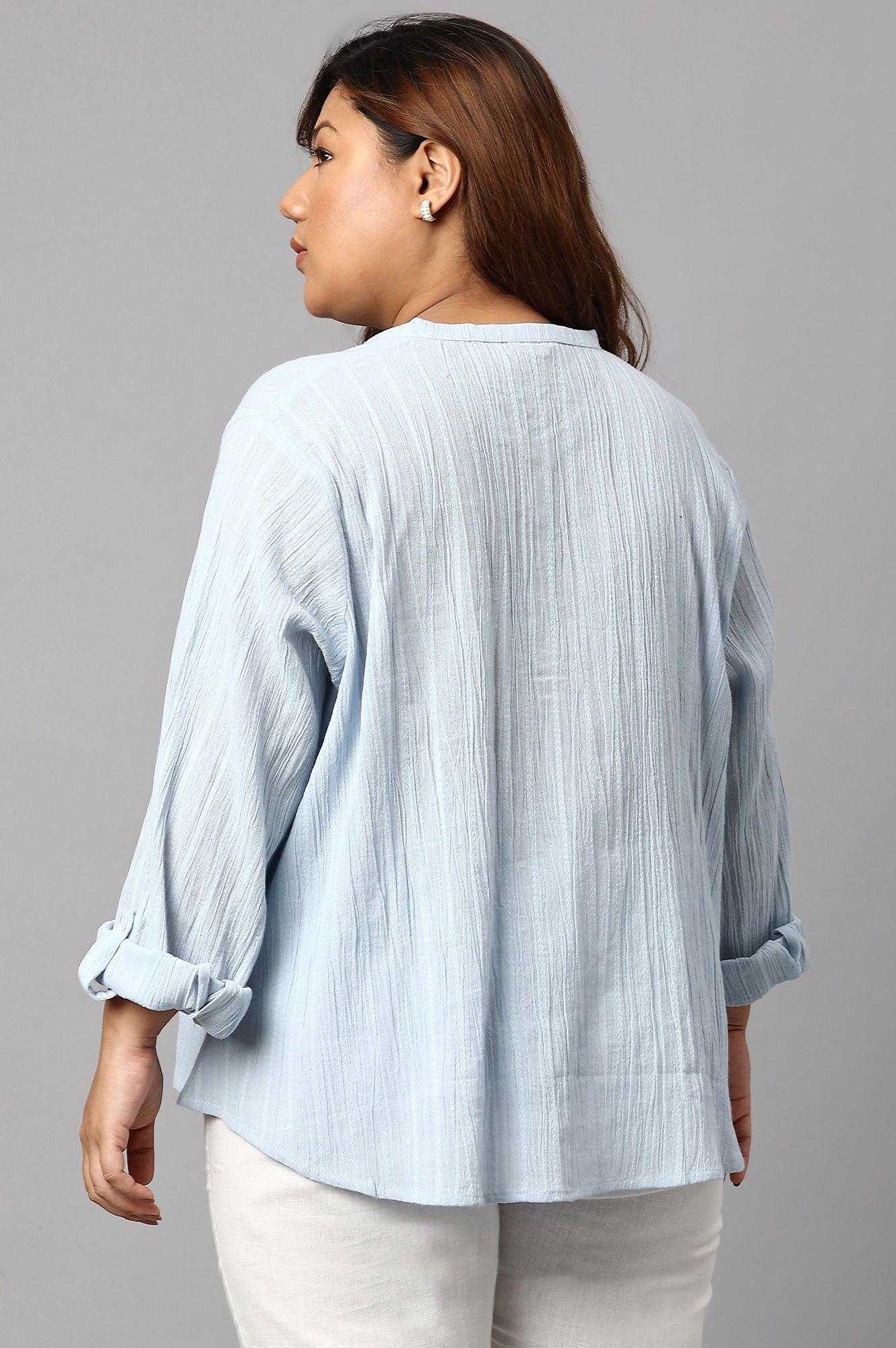 W for Woman Light Blue Mandarin Collar Plus Size Top